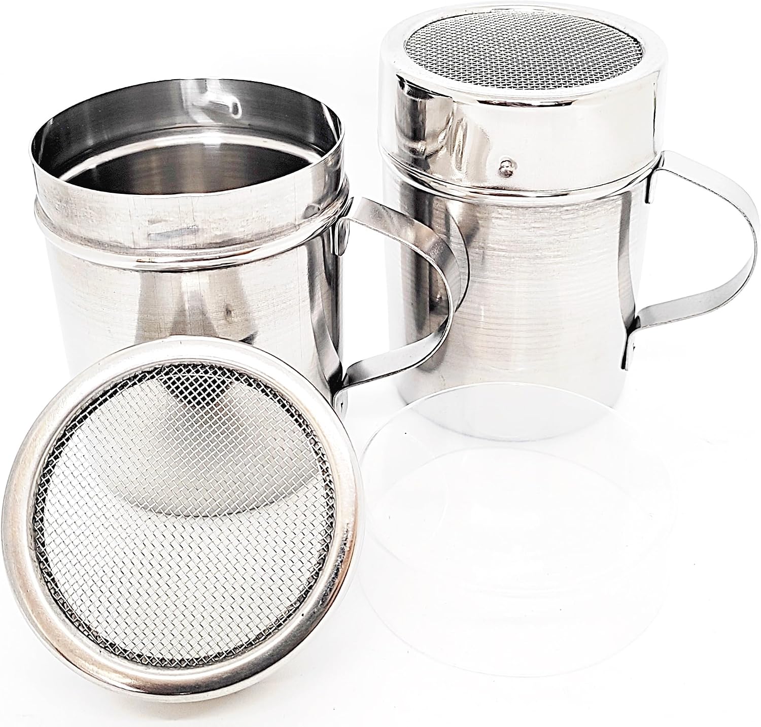 KERAM metal Coffee Bar Fine Mesh Dredge 10 Oz Pack of 2 powdered sugar/cinnamon/flour/spice/seasoning shaker duster with holes, handle and lids restaurant supplies outdoor kitchen accessories