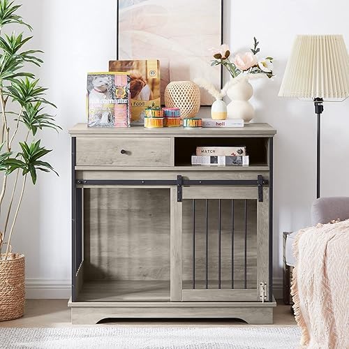 Miniatura 3 de IchbinGo Muebles de jaula para perros con puerta corrediza de granero, mesa auxiliar de madera de 35 pulgadas con cajón y almacenamiento, casa