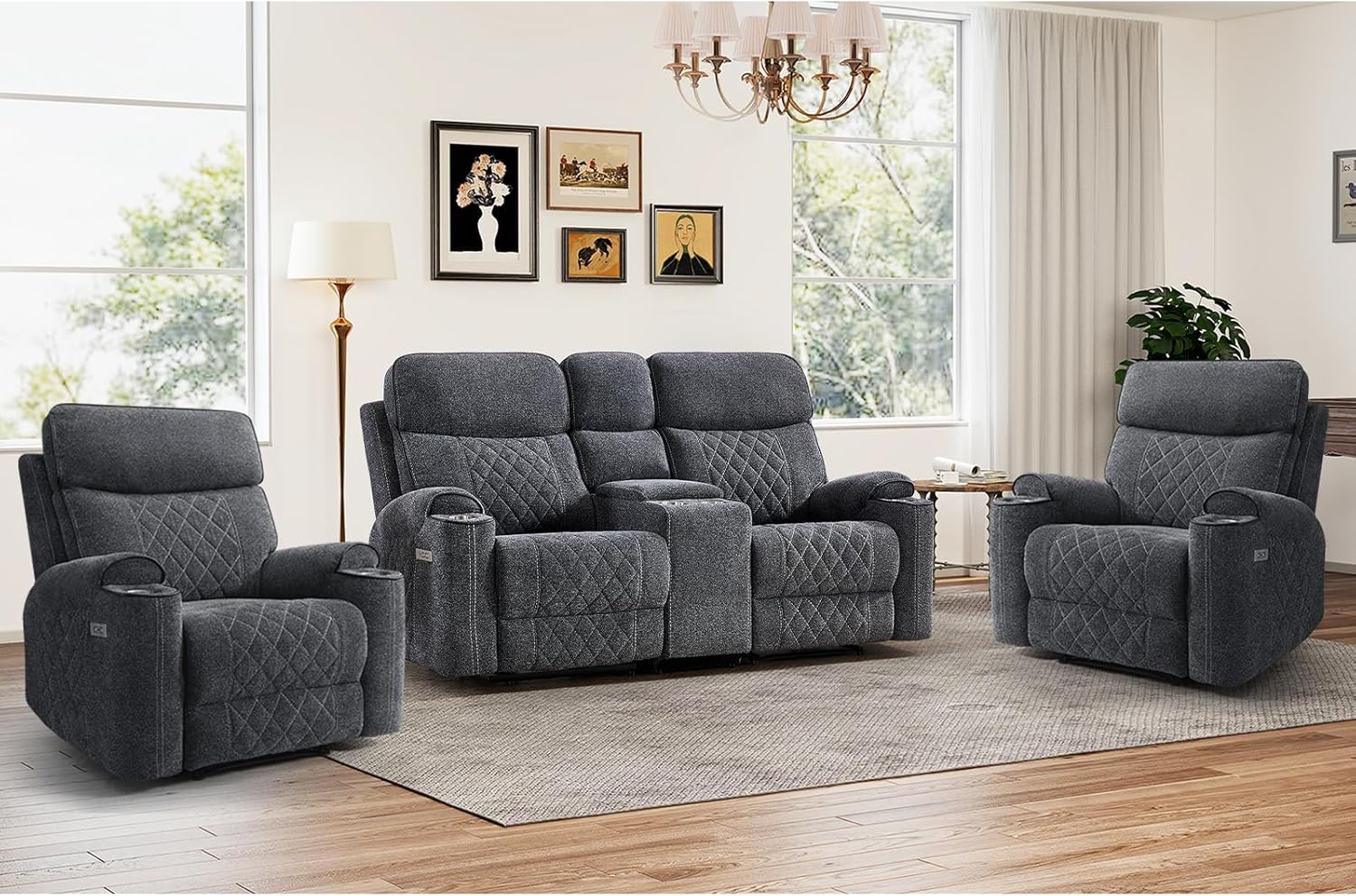3-Piece Recliner Sofa Set with Charging Ports, Include 2 Power Recliner Chairs and Electric 2-Seater Loveseat Reclining Couch with Hidden Storage and Cup Holders for Living Room, Dark Grey