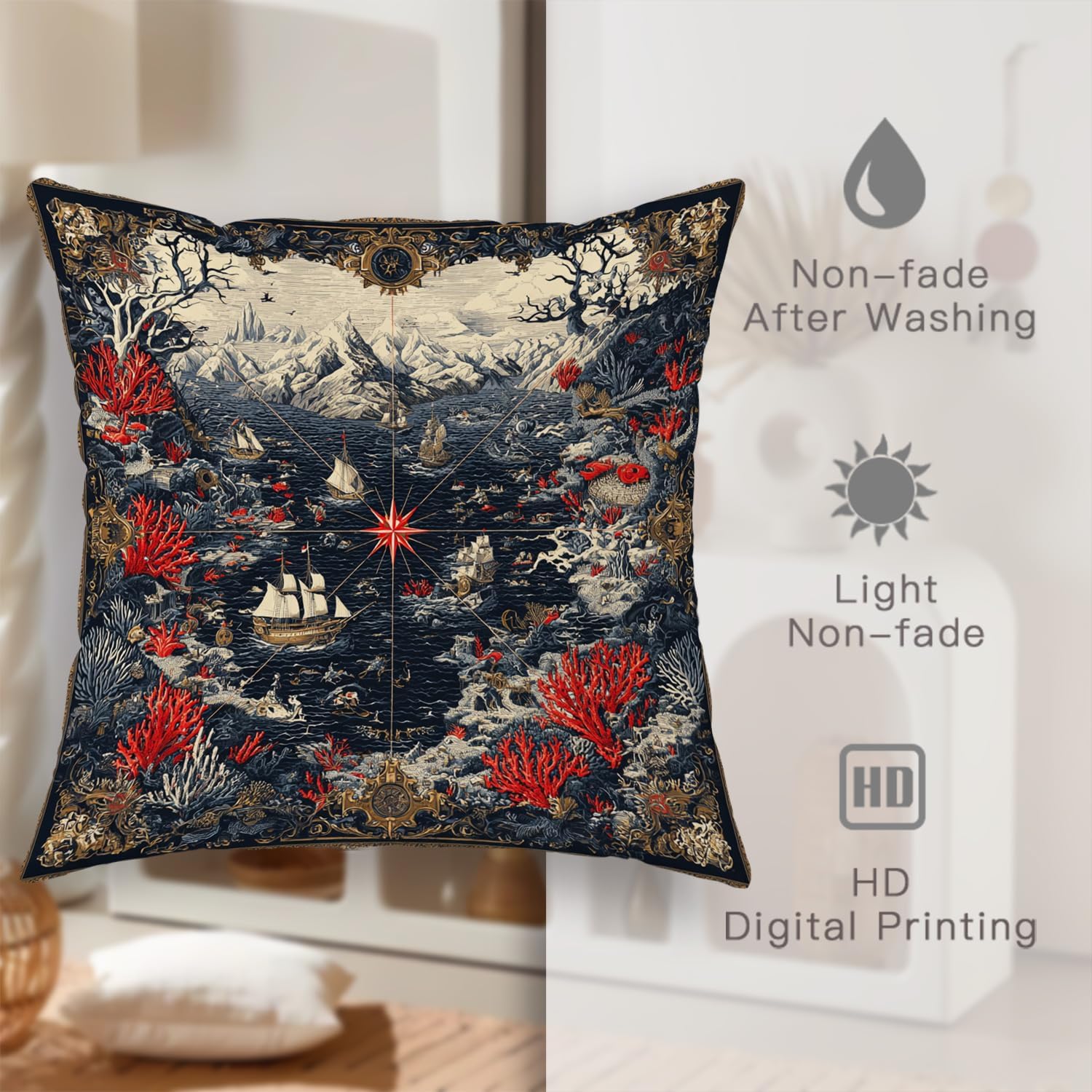 Red Coral Nautical Pillow Covers Set of 2, Ocean Map Decorative Throw Cushions, Vintage Sailboat Coastal Pillows for Bedroom Sofa Couch Décor 32x32 Inch