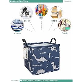 FANKANG Square Nursery Hamper Storage Bins Canvas Laundry Basket Foldable with Waterproof PE Coating Storage Baskets Gift Baskets for Children, Office, Bedroom, ClothesSquare-Blue dinosaur 