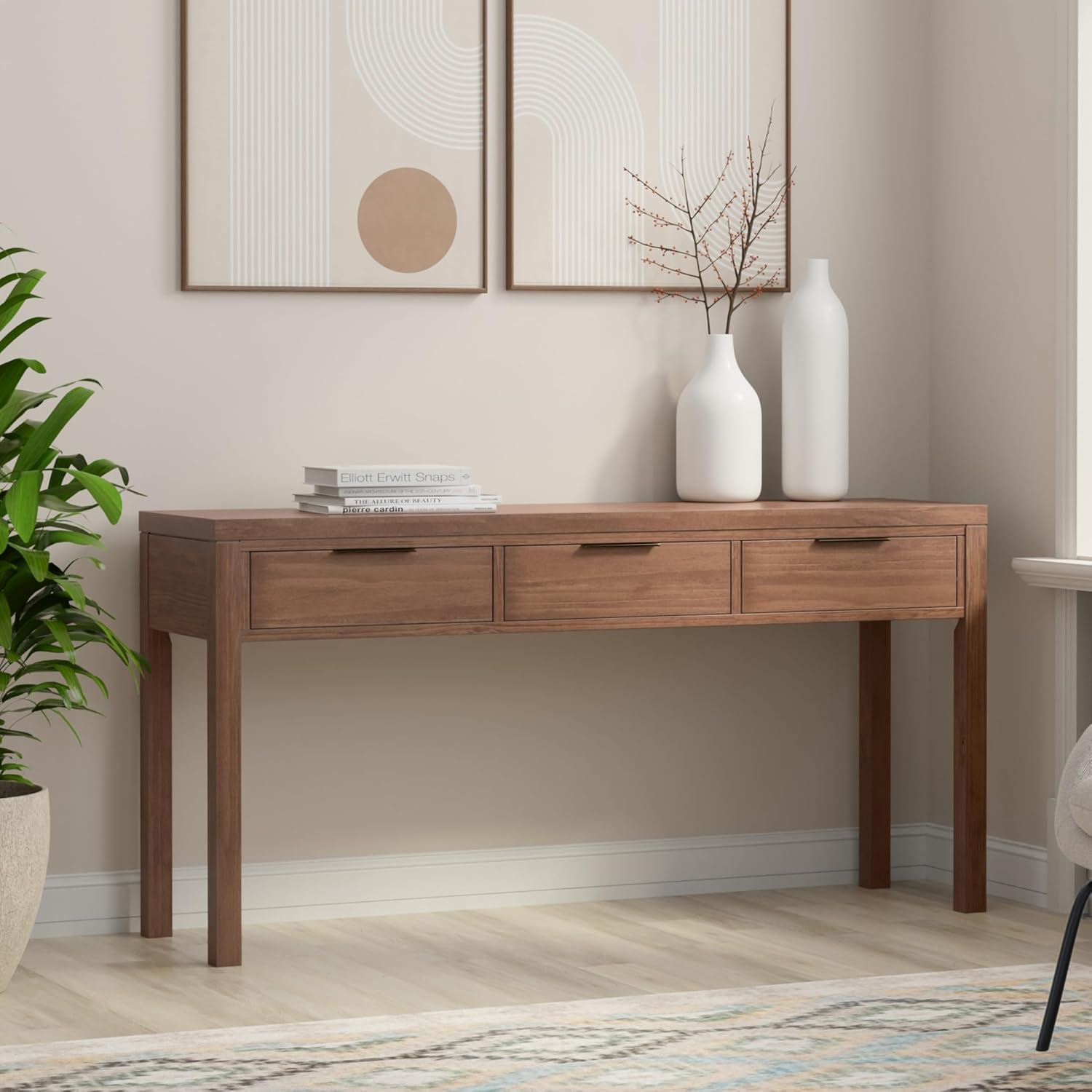 SIMPLIHOME Hollander Console Table - 60 Inch Wide Solid Wood Sofa Table in Medium Saddle Brown, Contemporary Storage Table for Entryway or Living Room with 3 Drawers and Sleek Metal Hardware