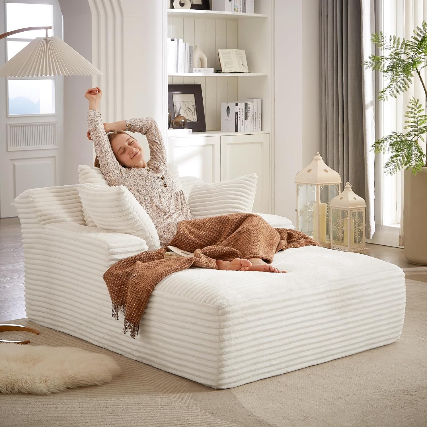 Corduroy Oversized Chaise Lounge Chair Indoor, 50"W Upholstered Fluffy Cloud Couch with 3 Pillows, Deep Seat Sofa, Comfy Reading Armchair, Sleeper Sofa Bed Chair for Living Room, Bedroom(White)