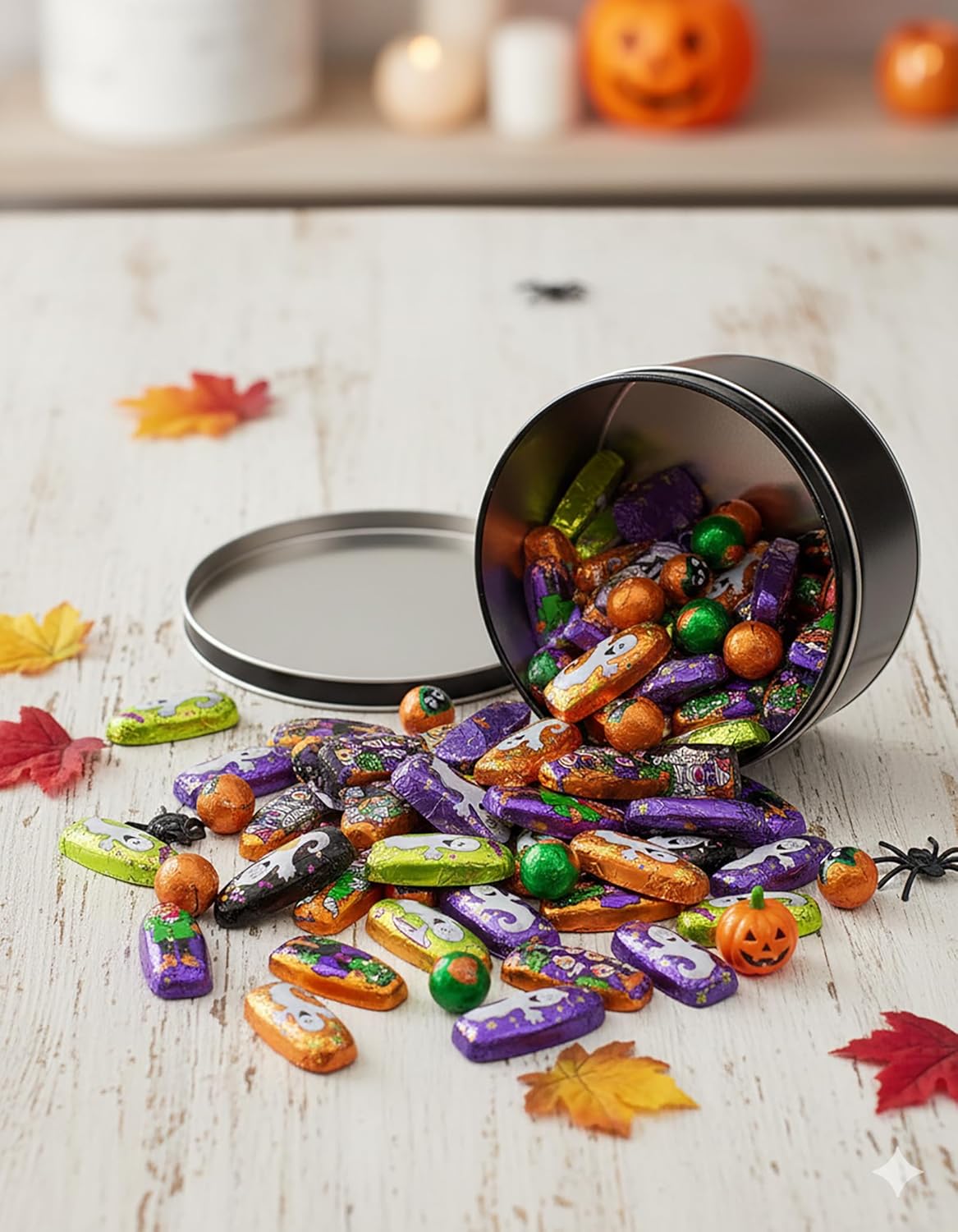 Festive Foil-Wrapped Milk Chocolates in Keepsake Tin Box (2 lbs, Happy Halloween Monsters)