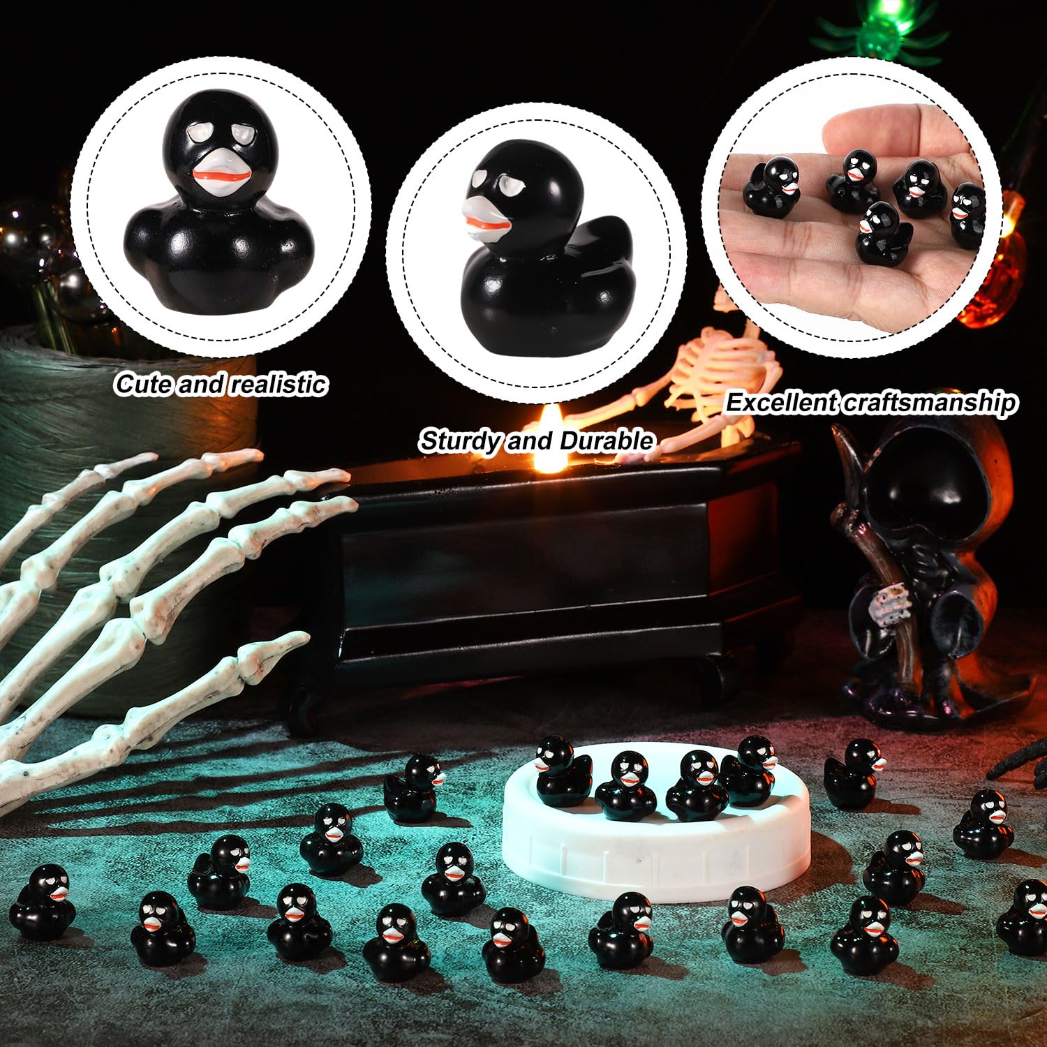 lasuroa 50pcs Halloween Skeleton Ducks, Halloween Mini Resin Ducks Dark Funny Miniature Tiny Black Ducks for Halloween Party Favors Garden Micro Landscape School Crafts Decoration - Image 4