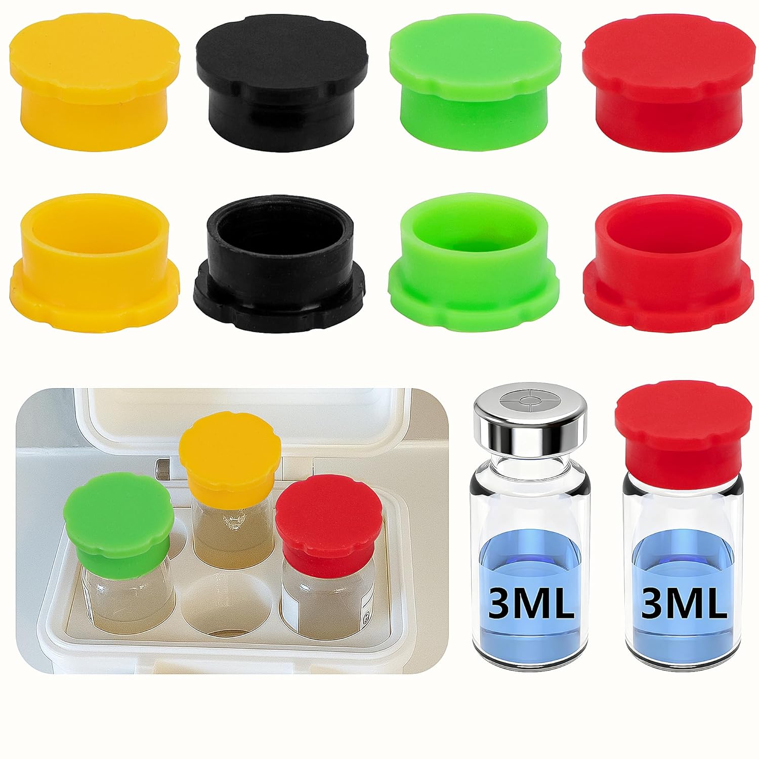 16 Pcs 3ml Protective Vial Caps, Leakproof Silicone Glass Vial Caps Covers, Reusable 4 Colors Glass Vials Protective for Injection Flip Off Caps