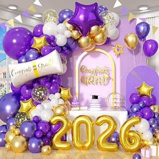 Paready Purple and Gold Grad Balloon Arch, 120 Pcs Graduation Balloons, Metallic Purple White Confetti Gold Balloons Star Diploma Foil Balloon for Class of 2026 Graduation Decorations