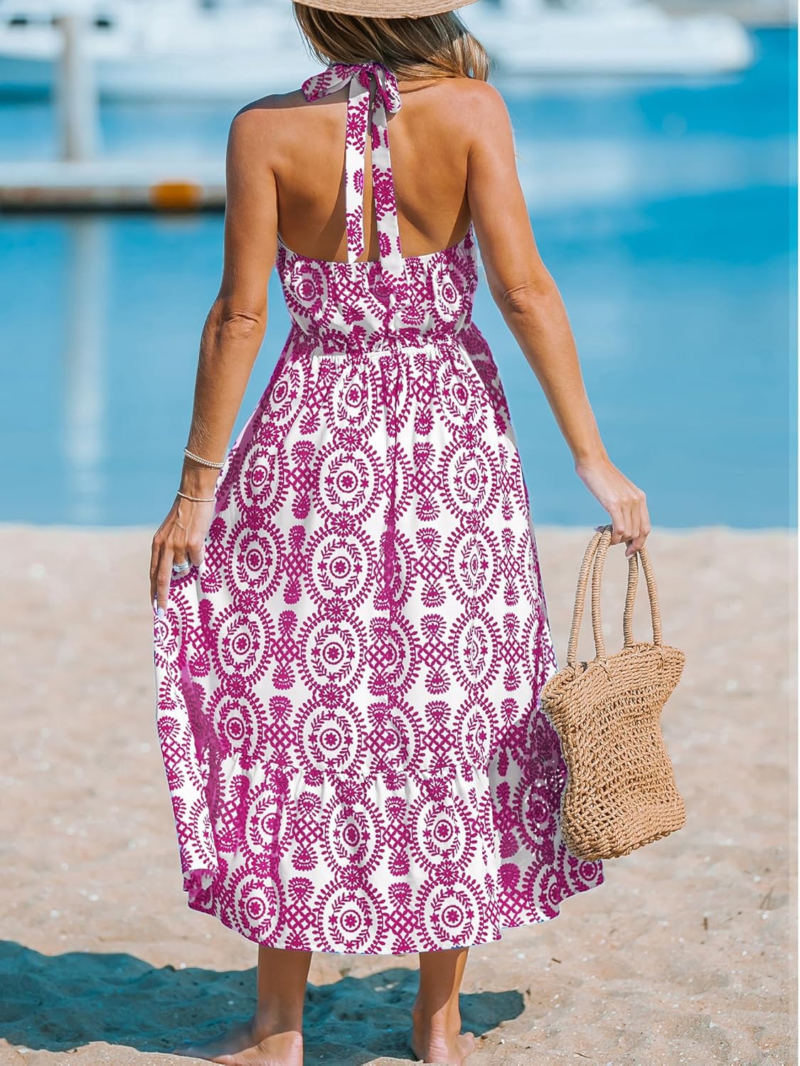 CUPSHE Women's Midi Dress Halter Paisley Sleeveless Cutout Waist Long Beach Boho Summer Dress - Image 3