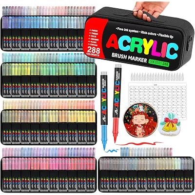 288 Colors Acrylic Paint Markers with Automatic Ink Control System, Soft Brush Tip Acrylic Markers for Paper, Rock, Wood, Canvas, Glass and Ceramic Art Supplies, Paint Pens & Paint Markers with Bag