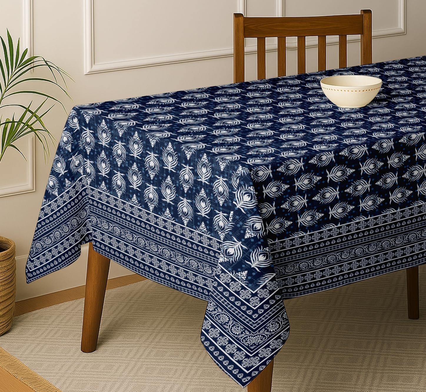 Block Design Tablecloth - Blue 60x60 Inch Cotton Twill Dining Table Cover, Perfect for 4 Seater Tables, Durable, Protective & Washable, Ideal for Everyday Use, Festive Occasions & Gatherings