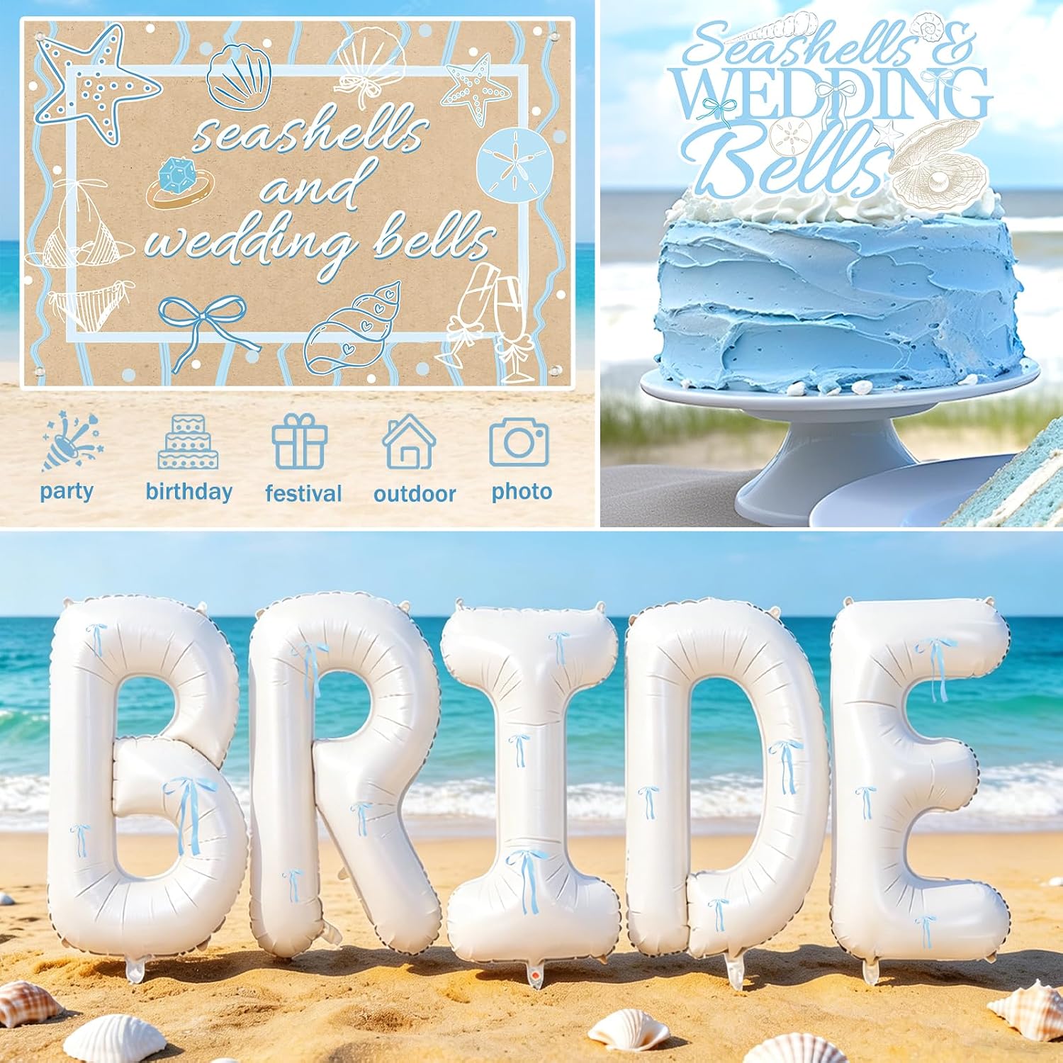 Costova Seashells and Wedding Bells Decor, Sea Shell bachelorette Decorations, Beach Bridal Coastal Ocean Party Supplies with Blue Balloons Bride To Be Sash Bridal White Veil Cake Topper Backdrop