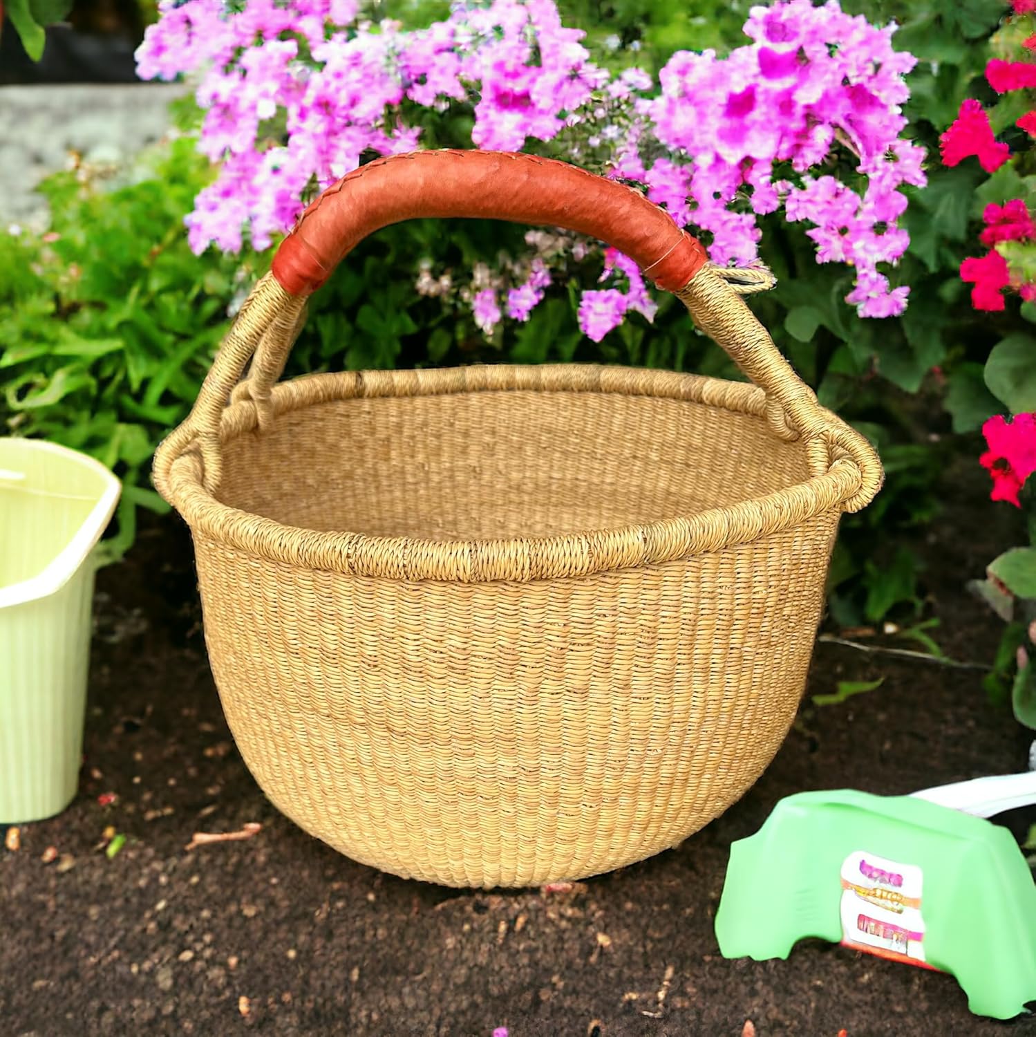 Fair Trade Ghana Bolga African Dye-Free Market Basket Natural Baskets (14"-16" Large)