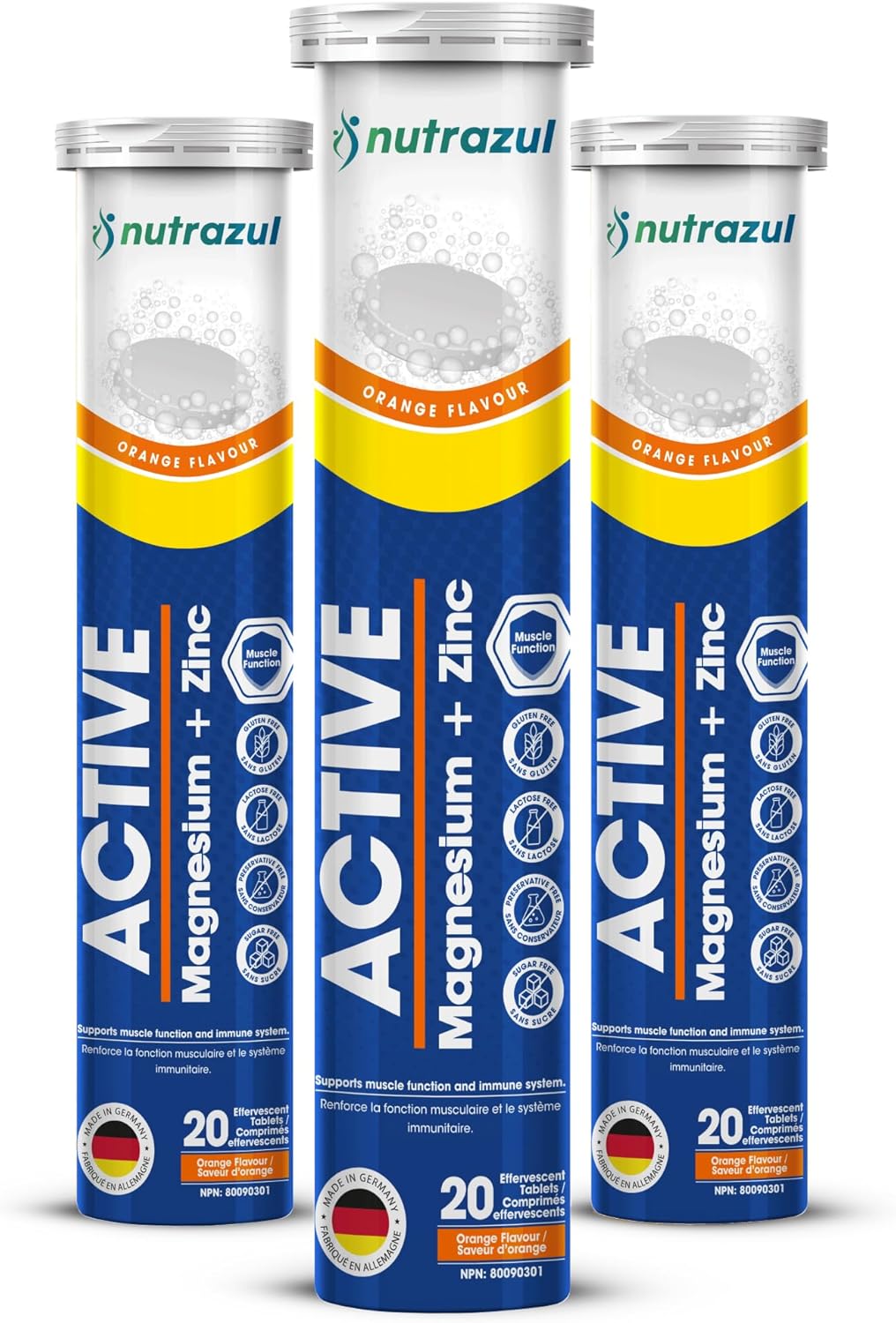 Nutrazul Active Magnesium & Zinc Effervescent Tablets, Helps Maintain Muscle Function & Electrolyte Balance, 300mg Magnesium Supplement, 10mg Zinc, Orange Flavor, 60 Tablets