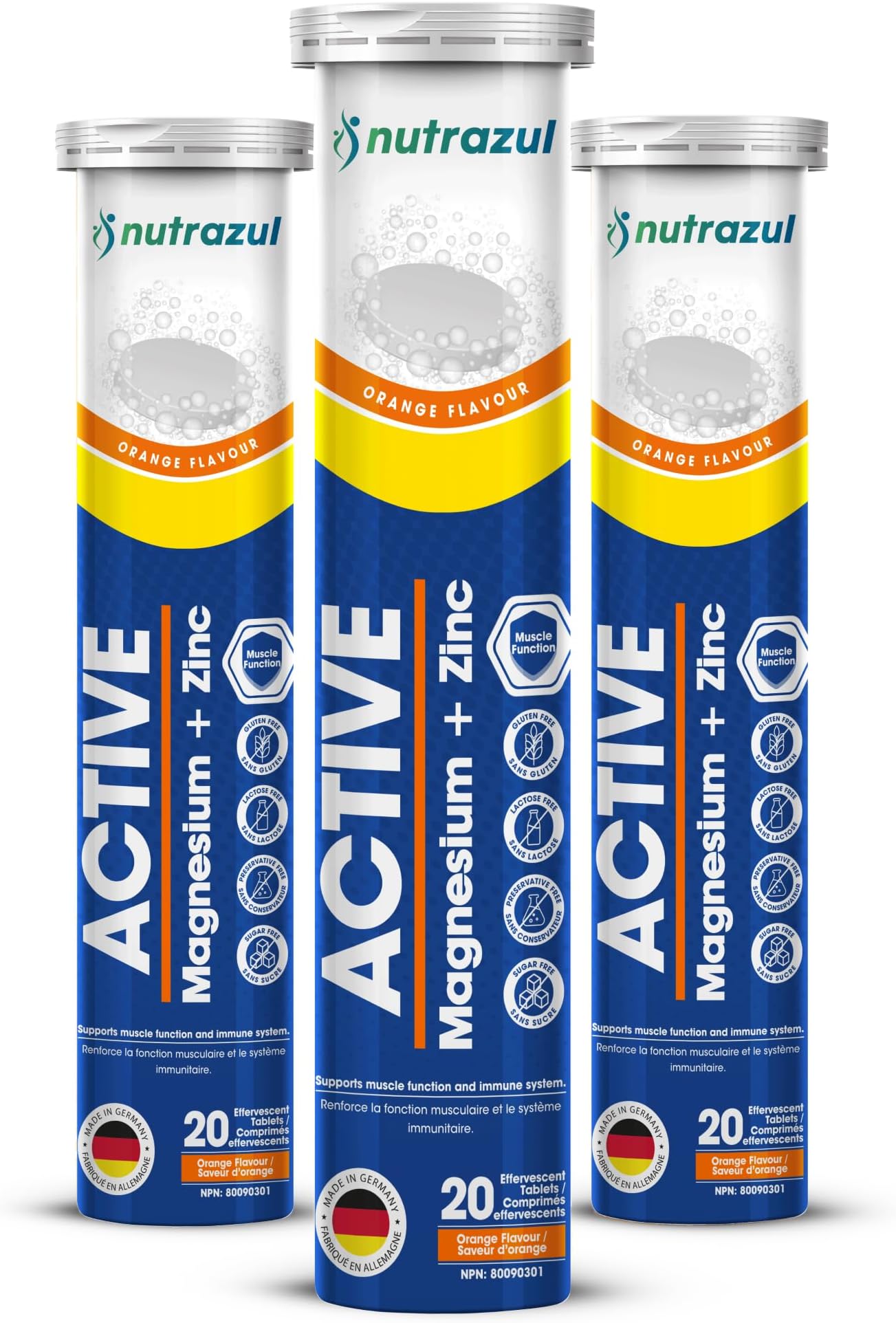 Nutrazul Active Magnesium & Zinc Effervescent Tablets, Helps Maintain Muscle Function & Electrolyte Balance, 300mg Magnesium Supplement, 10mg Zinc, Orange Flavor, 60 Tablets