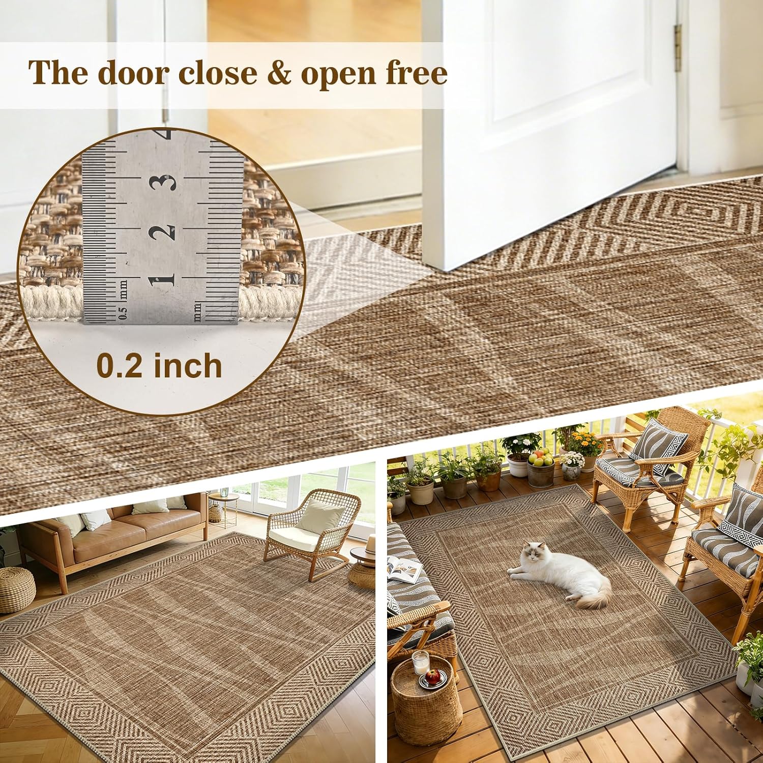Easy Jute Rug 6x9 Outdoor Patio Rug with Border, Washable Rugs for Living Room, Farmhouse Non Slip Area Rugs with Rubber Backing Indoor Outdoor, Non Shedding Carpet for Bedroom, Courtyard, Light Brown