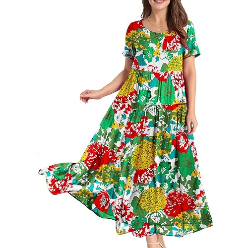 YESNO Women Casual Loose Bohemian Floral Dress with Pockets Short Sleeve Long Maxi Summer Beach Swing Dress EJF