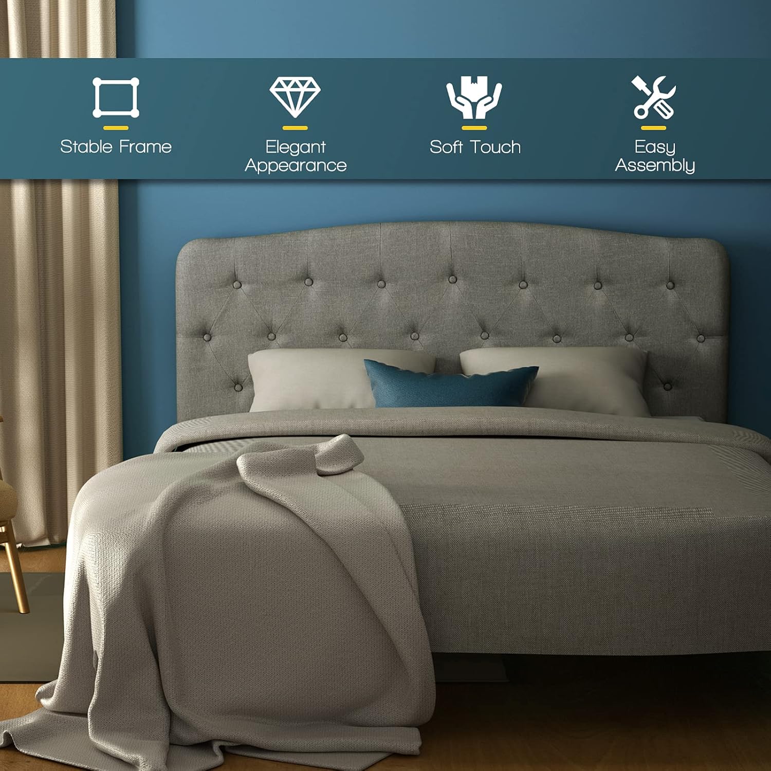 Giantex Upholstered Headboard, Button Tufted Headboard, Adjustable Height from 38’’ to 53’’ Platform, Full Size, Easy Assembly, Modern Fabric Furniture for Bedroom, Light Grey