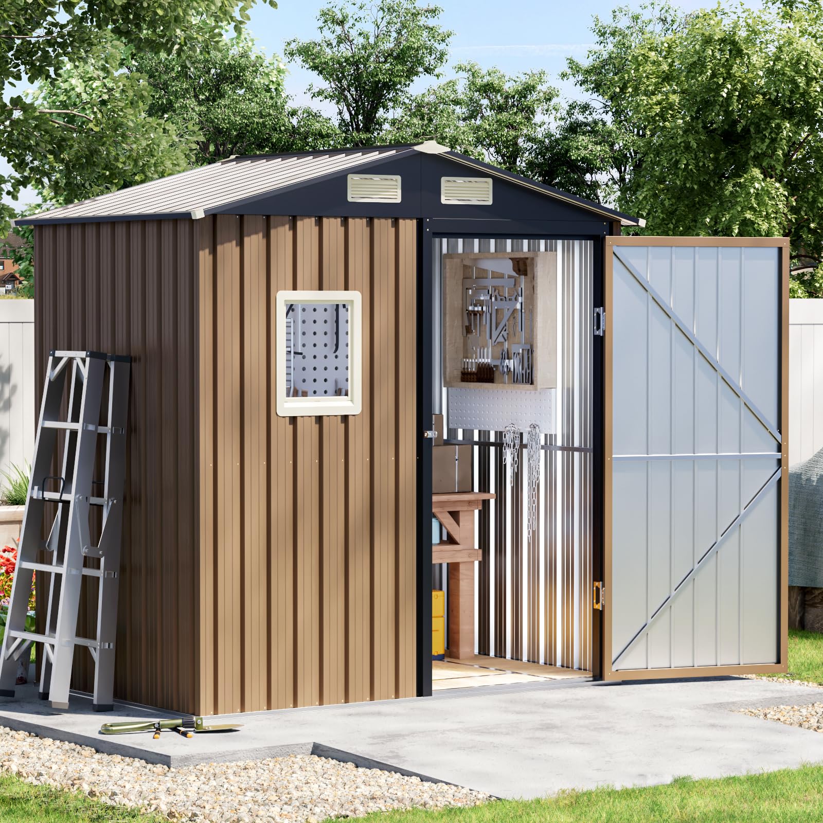6x4 FT Outdoor Metal Storage Shed with Floor Frame, Single Door, 1 Clear Window, Tool Shed for Garden, Patio, Backyard Brown