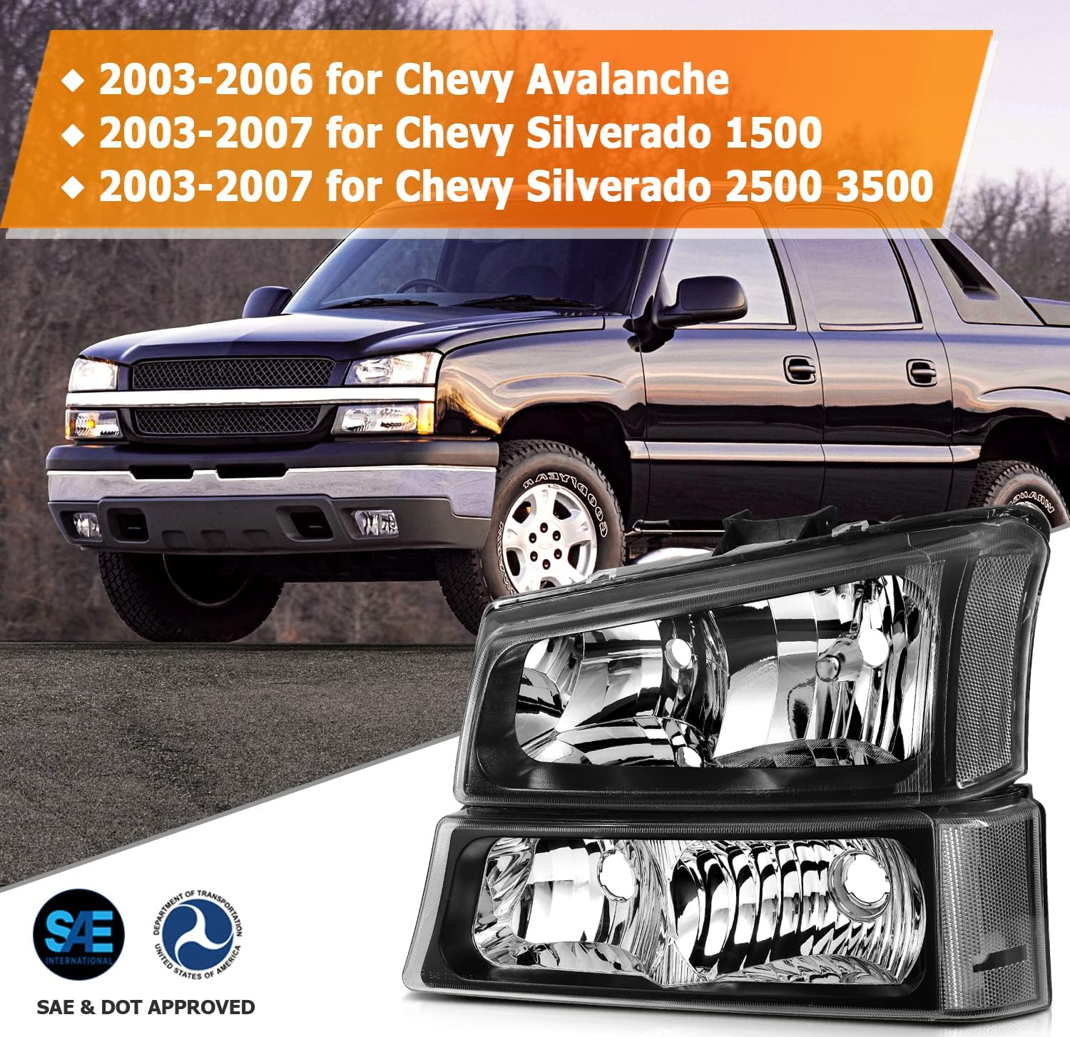 Headlight Assembly for Chevrolet Avalanche 1500 2003-2006 for Chevrolet Avalanche 2500 2003-2006 Black Housing Clear Reflector Clear lens Driver and Passenger Side Headlamp
