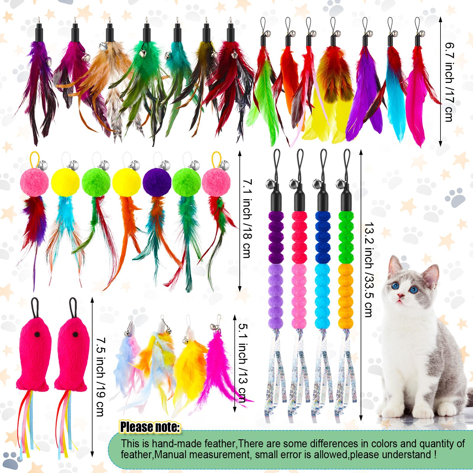 Cosblank 50 Pcs Cat Feather Toys Refill Cat Wand Replacement Feathers with Bells Interactive Pet Wand Attachment Toys