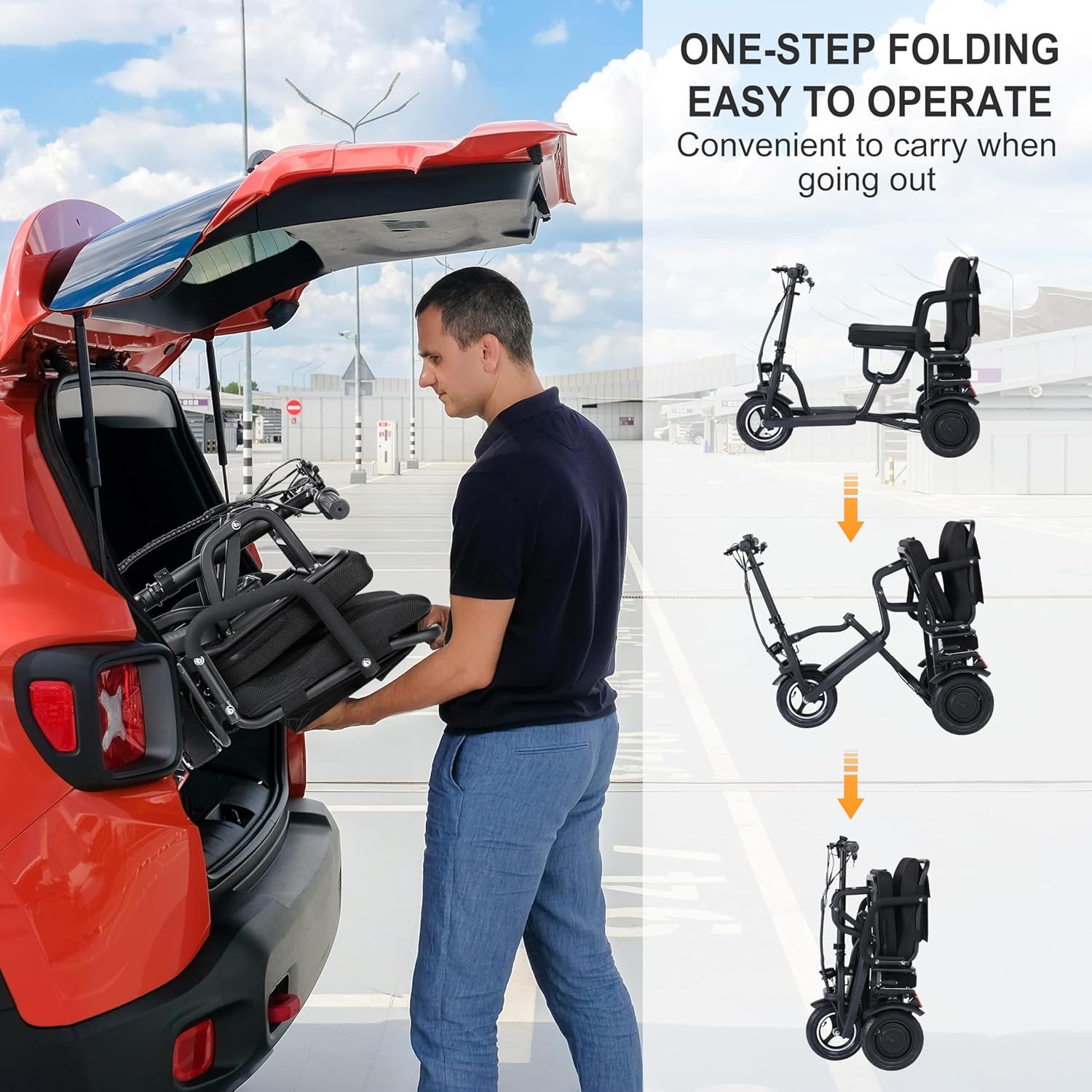 Man loading a folded TopMate ES10 scooter into a car trunk, showing the folding process.