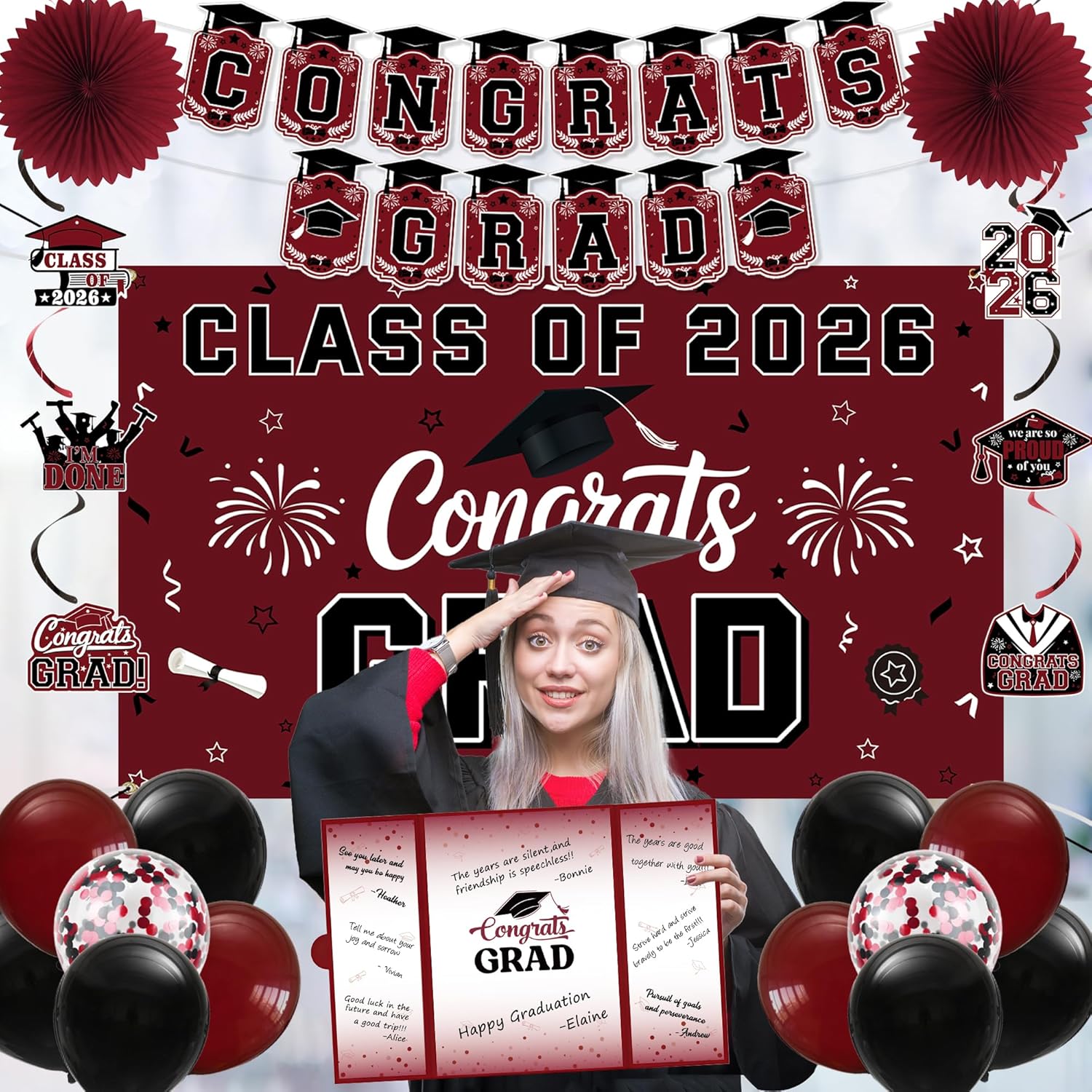 Vlipoeasn Burgundy 2026 Graduation Party Decorations, Class of 2026 College/High School Graduation Decorations Party Supplies, Burgundy 2026 Congrats Grad Backdrop Banner Signature Book