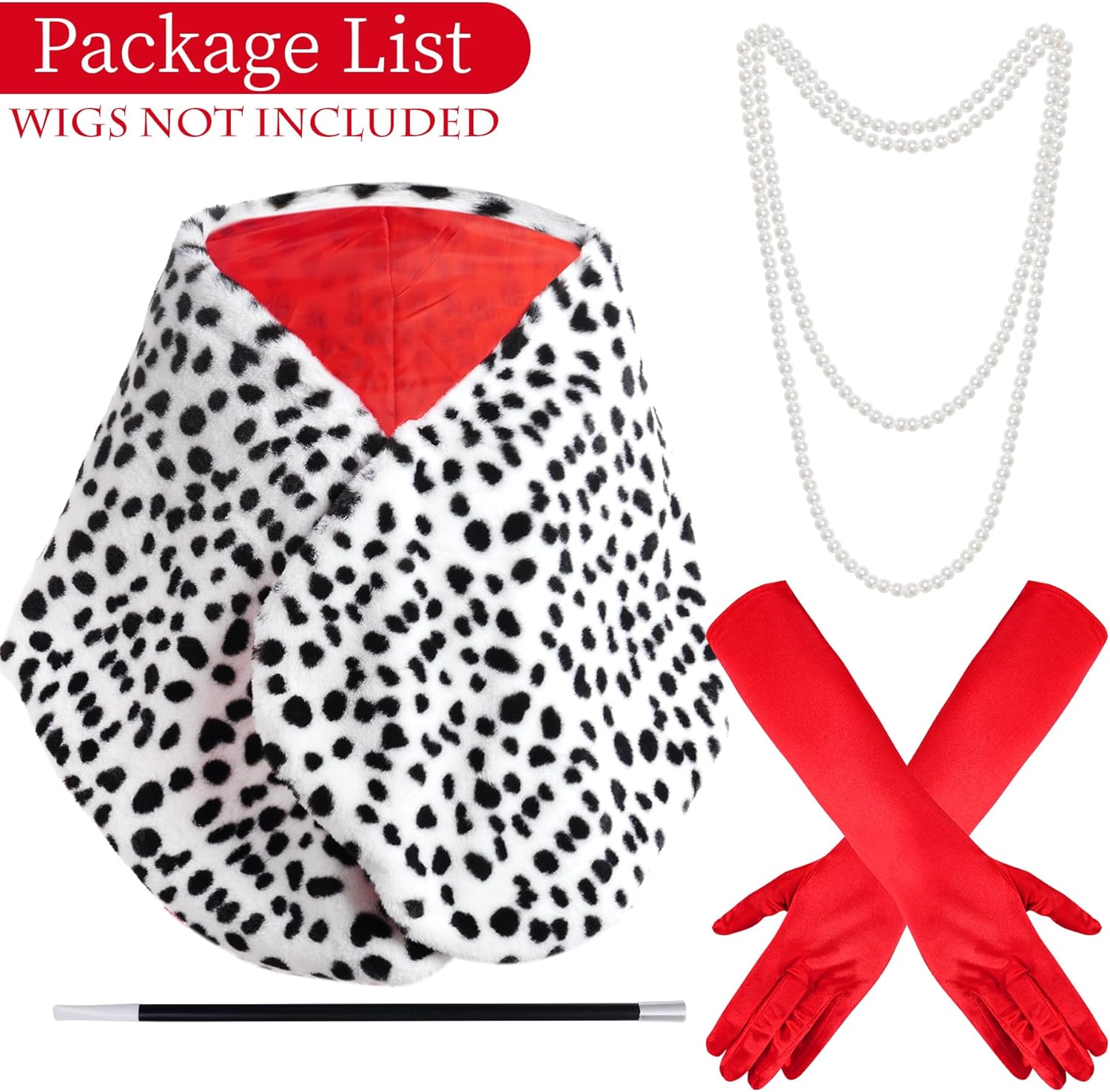 4 Pack Women Halloween Dalmatian Costume, Black White Dalmatian Shawl Scarf Stole, 1920s Red Glove, Faux Pearls Necklace for Adult - Image 2