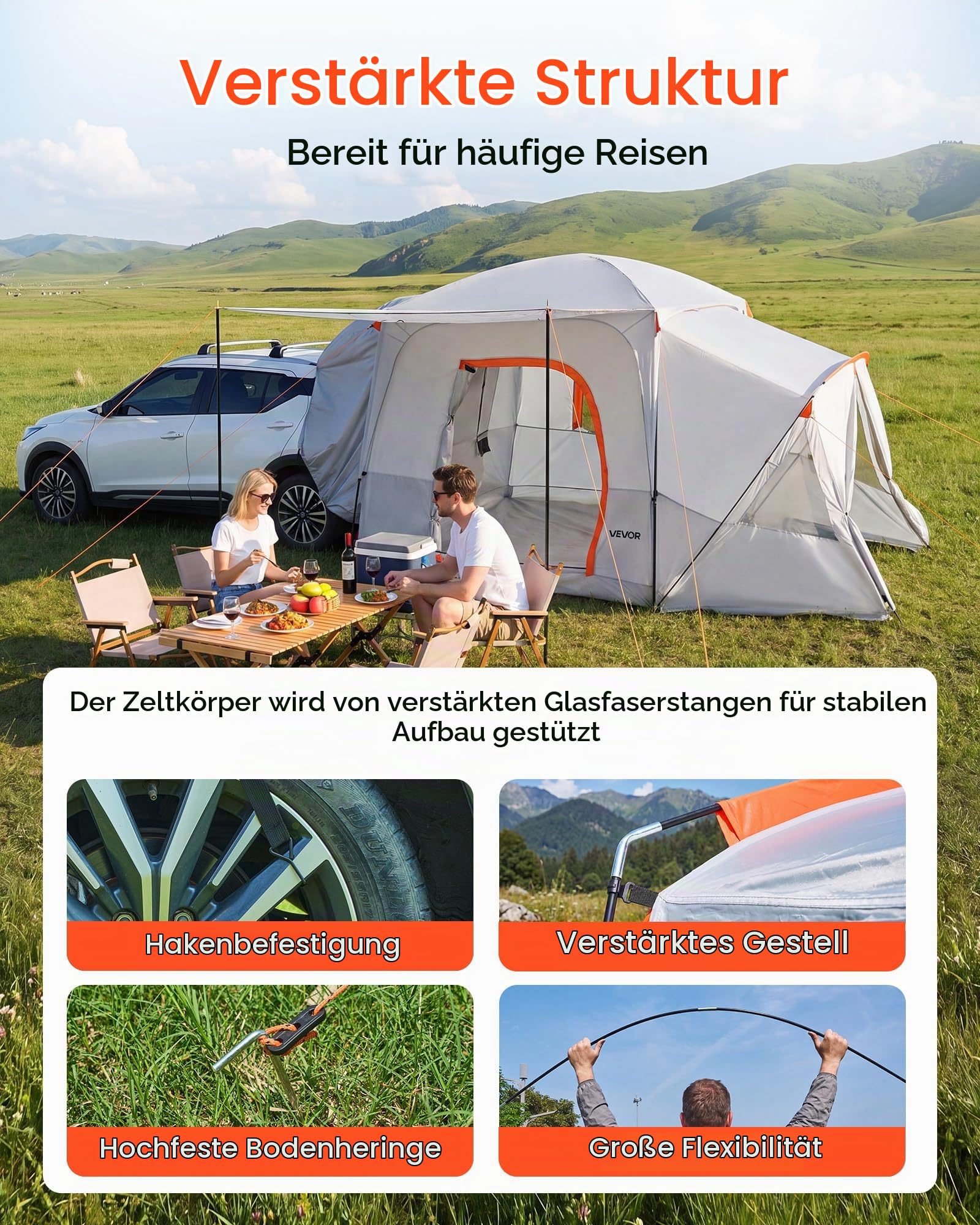 VEVOR Heckklappenzelt Autozelt für 5-9 Personen 3964 x 3050 x 2330 mm, Wasserdichtes (PU2000 mm) Campingzelt mit Belüftungsfenstern, SUV-Heckzelt für Camping Wandern Outdoor-Aktivitäten