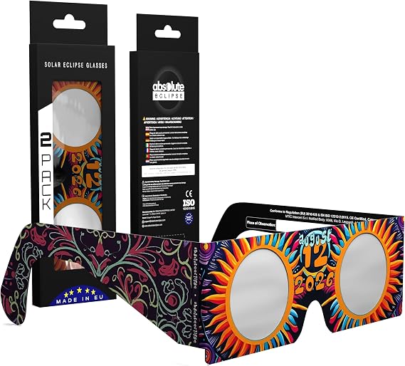 Solar Eclipse Glasses ISO 12312-2 & CE Certified – Safe Solar Viewing for Direct Sun & August 2026 Eclipse | Paper Cardboard Frame, Made in EU | For Kids & Adults