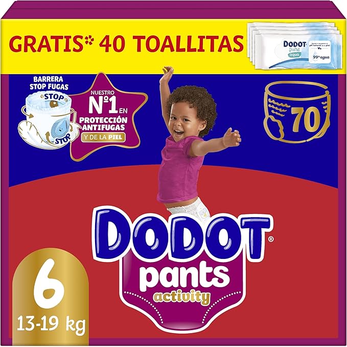 Dodot Pañal-Braguita Activity Pants, Talla 6 (14-19 kg), 70 Pañales + Regalo de 1 Pack de 40 Toallitas Con Ajuste 360 anti-fugas extra suave