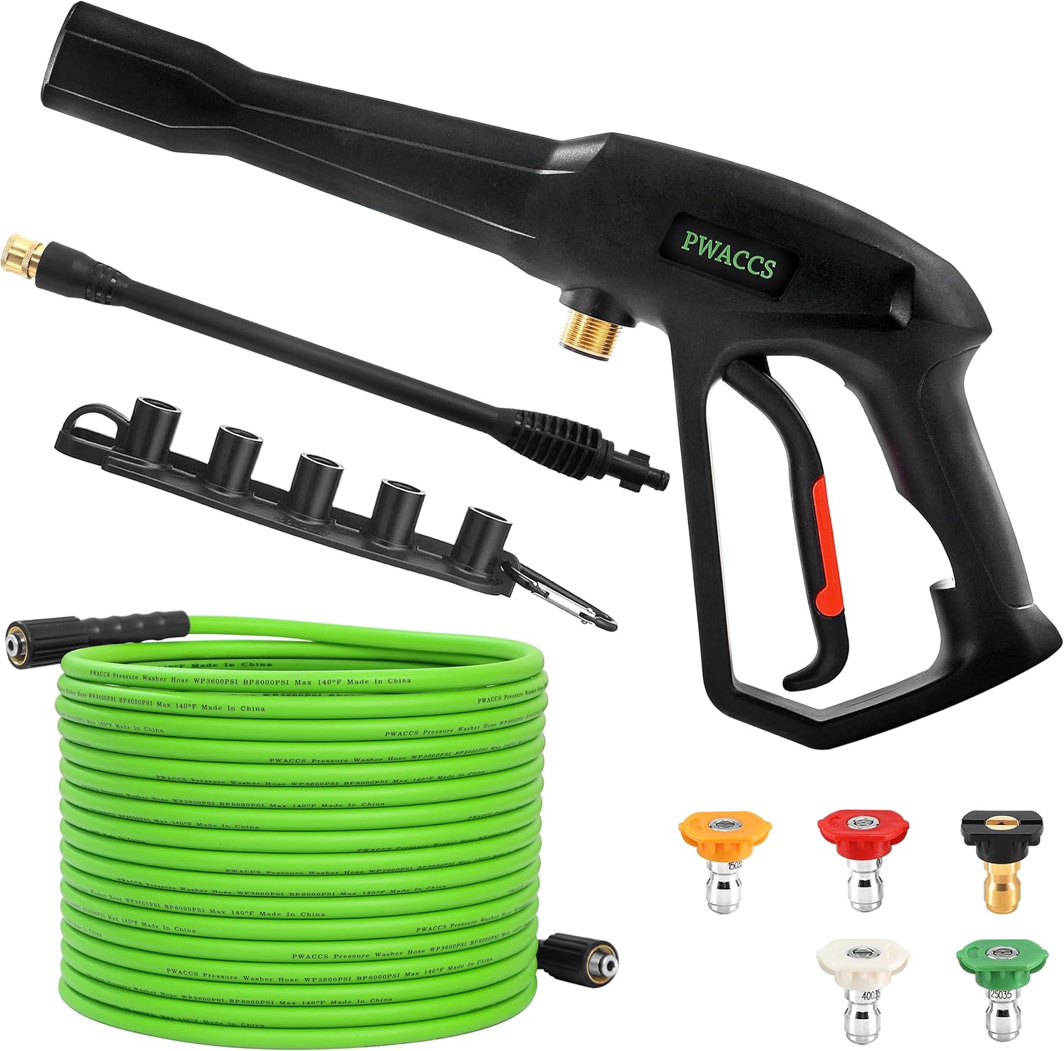 PWACCS Pressure Washer Hose and Gun, 50 FT Power Washer Hose with Extension Wand Kit, 5 Nozzle Tips, M22-14 Fitting, Compatible with Ryobi, Green Works & Karcher