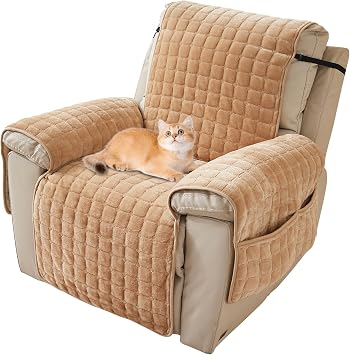Lovehavren Premium Plush Recliner Slipcover, Washable Quilted Flannel Recliner Chair Covers, with Side Pockets for Kids & Pets Beige, 30"