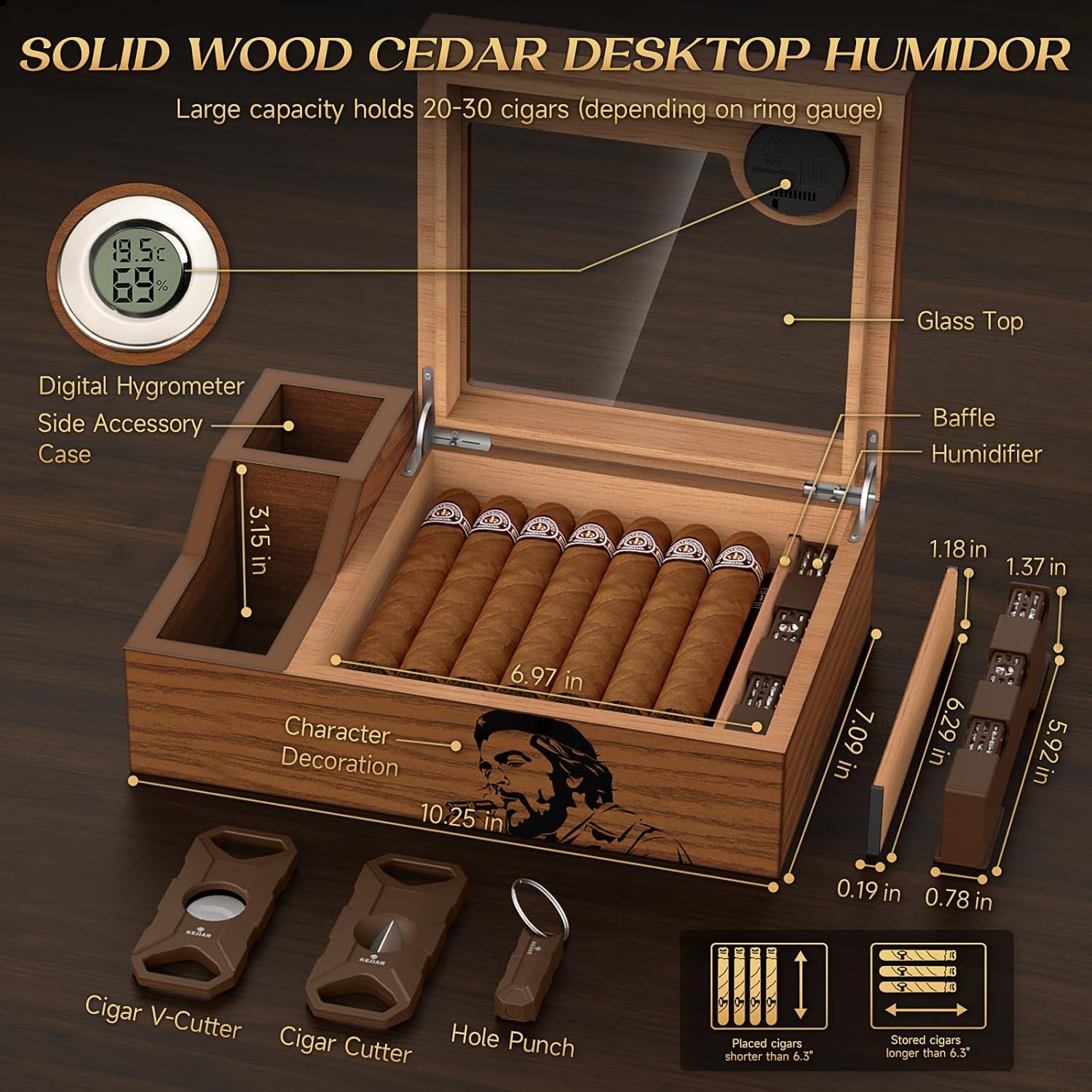 Cigar Humidor, Glass Top Cedar Desktop Cigar Humidors Case with 2 Side Humidor Accessories Boxes with Cigar Cutter, Hole Punch, Humidifier, and Digital Hygrometer Cigar Set, Cigar Gifts for Men - Image 2