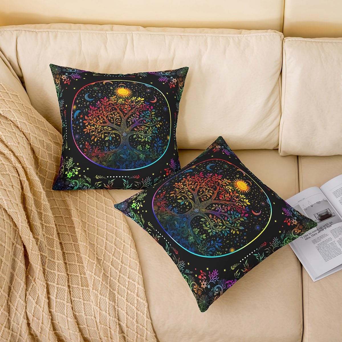 Erosebridal Life Tree Pillow Cover Home Room Decor,Sun and Moon Throw Pillow Cover 24x24 Inch for Sofa Bed Couch,Exotic Neon Trees Decorative Pillowcase,Garden Wildlife Cushion Case