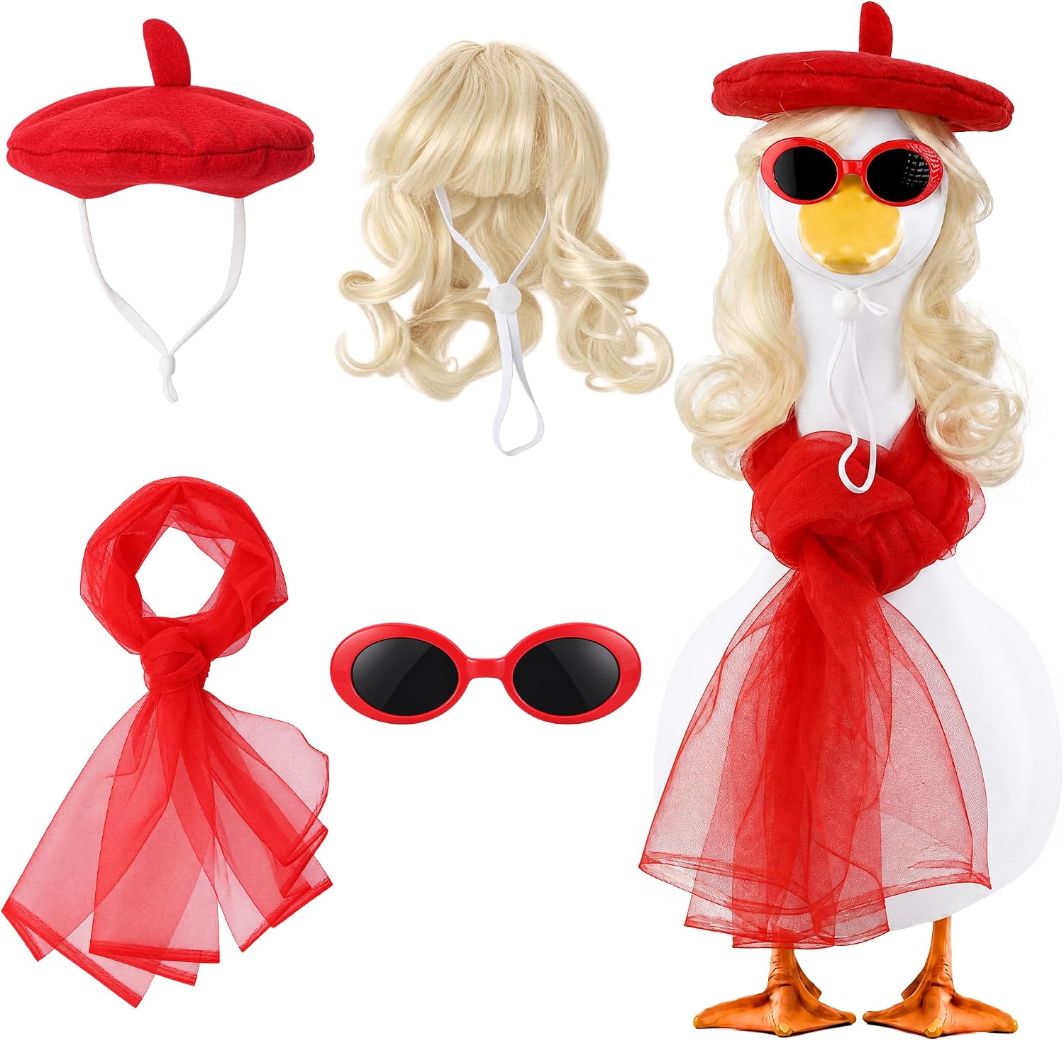 Porch Goose Outfit Lady Red French Style Costume With Beret Hat Wig Glasses