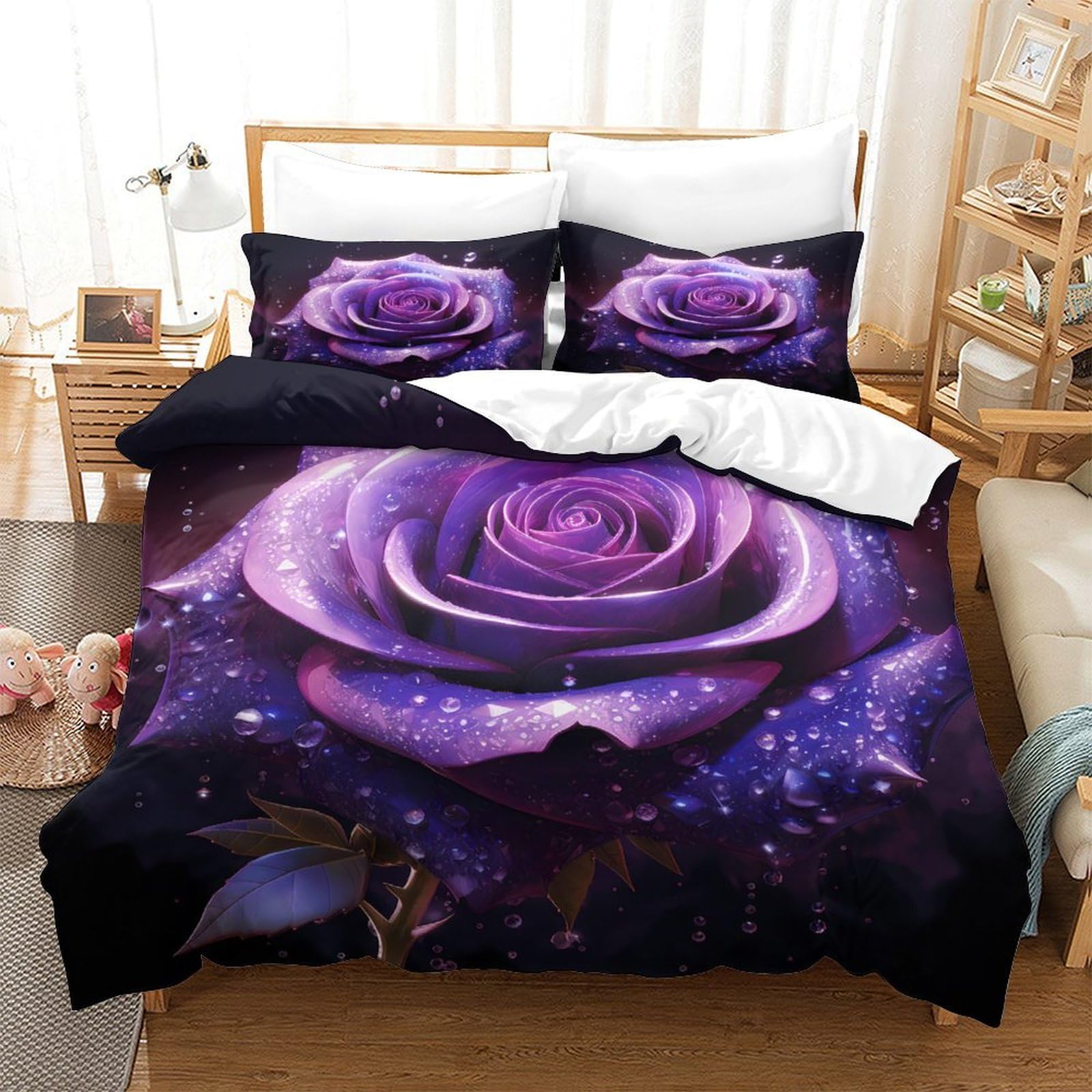 Purple Rosa Set Di Copripiumino 3 Pezzi microfibra traspirante stampa di 3D con federa Fantasia Digital Set Di Copripiumino cerniera soffice ariosa for coppie King（220x240cm）