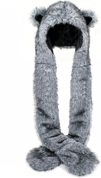 Wolf Hat Faux Fur Hood 3 in 1 Scarf Hat and Mittens with Ears and Paws, Plush Animal Spirit Costume