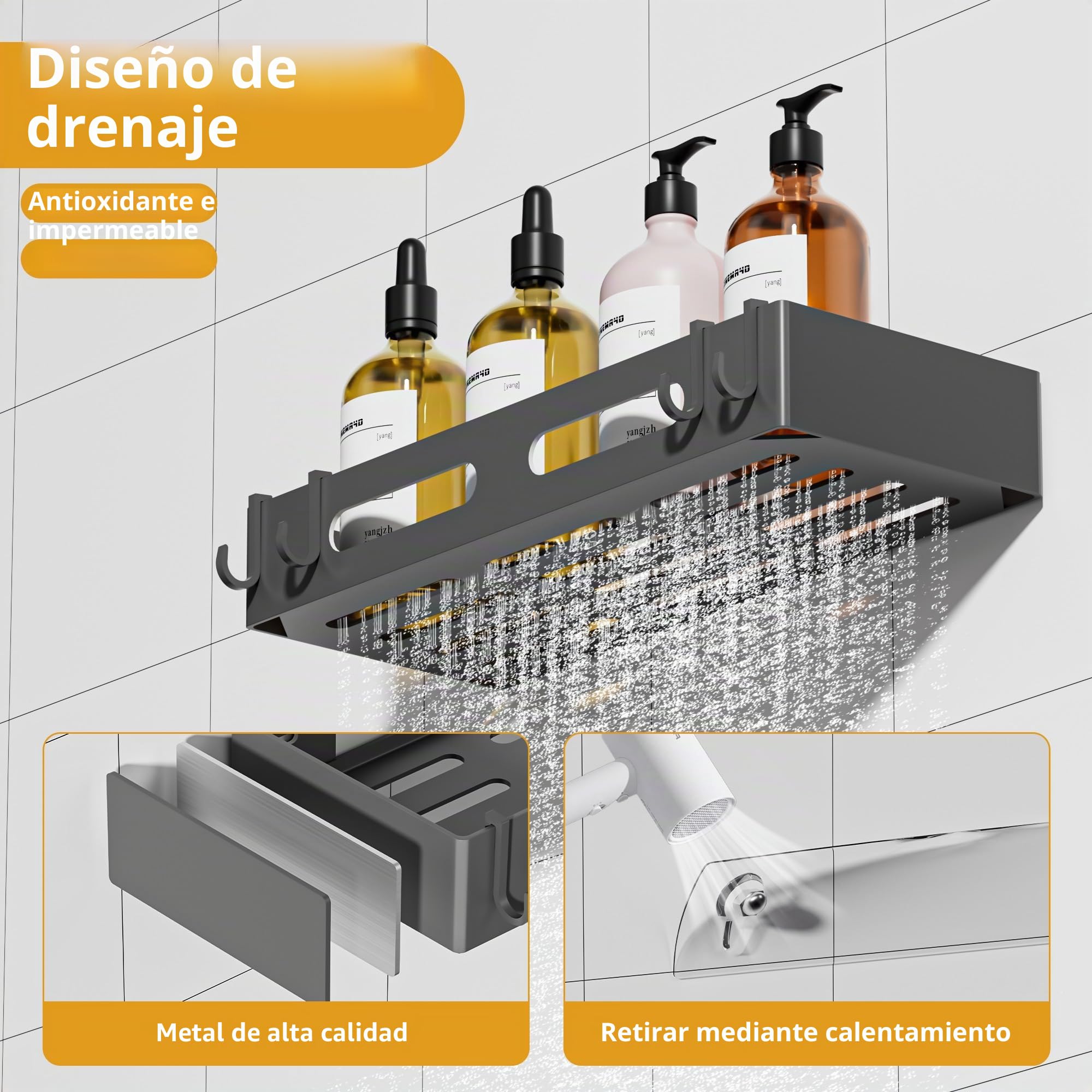 Wisfame Estanteria Ducha Sin Taladrar，2 Piezas Estanteria Baño, Organizador Baño Adhesivas con 8 Ganchos, Soporte Ducha Pared (Gris