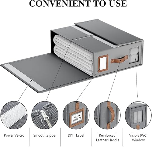 Miniatura 6 de BigPonPon Paquete de 4 Organizadores de Sábanas y Almacenamiento (Tamaño King), Organizador de Sábanas Plegable con Asa para Armario de Ropa Blanca,