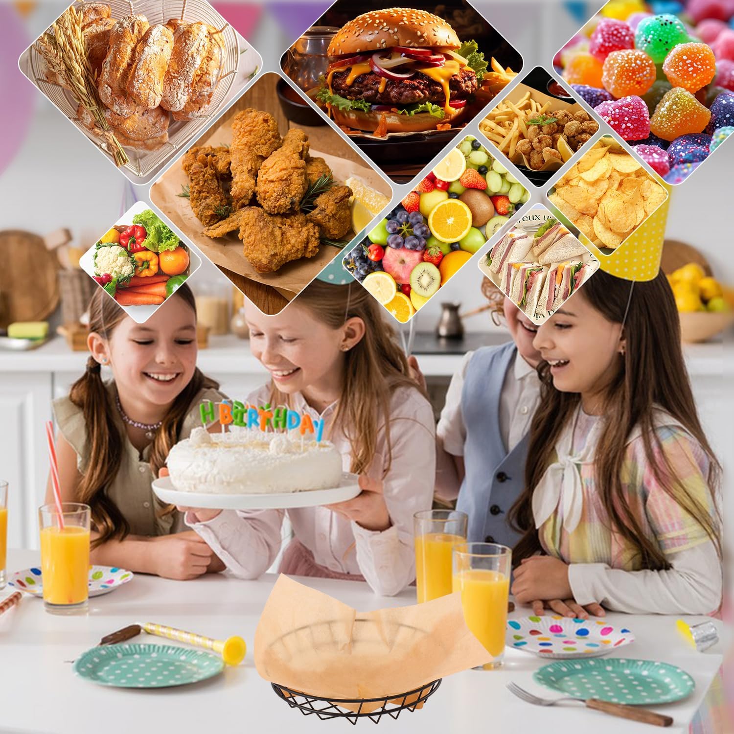 15 Pack 8 Inch Round Wire Bread Basket, Metal Fast Food Baskets with 50 Sheets Deli Wrappers Paper, Metal Dinner Roll Baskets for Home & Kitchen, Serving and Storage(Black)