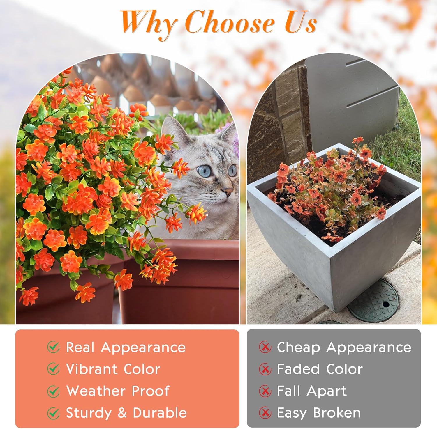 Fall Decor, Fake Mums, 36 Bundles Fall Flowers, UV Resistant Artificial Mums for Outdoors, Faux Mums for Outside, Fall Flowers Plants Artificial for Decoration For Home Porch Thanksgiving,Red Orange