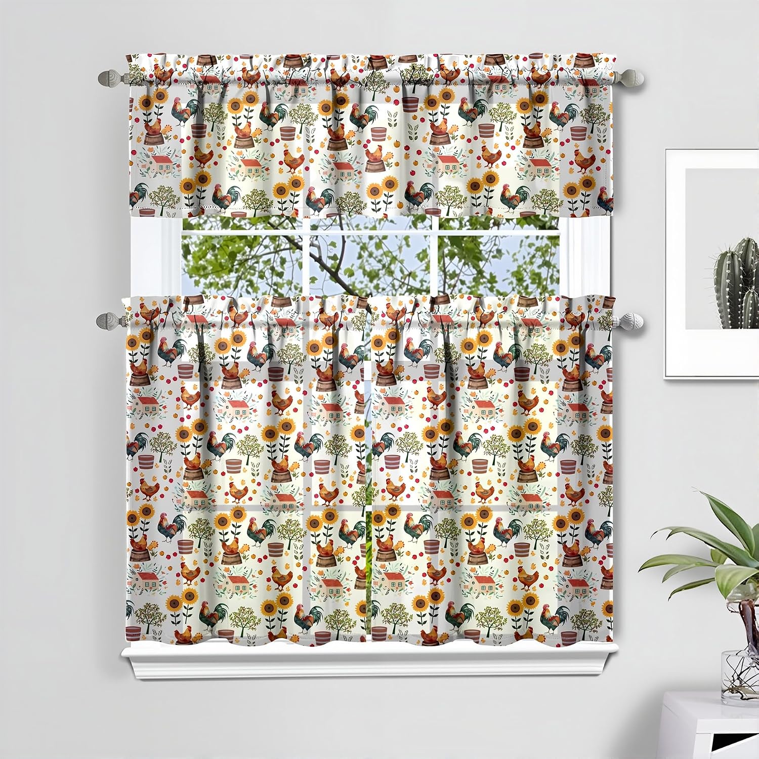 3 Piece Chicken Kitchen Curtains and Valances Set for Windows Rooster Kitchen Window Curtains Over Sink Decor 27.5x36 in