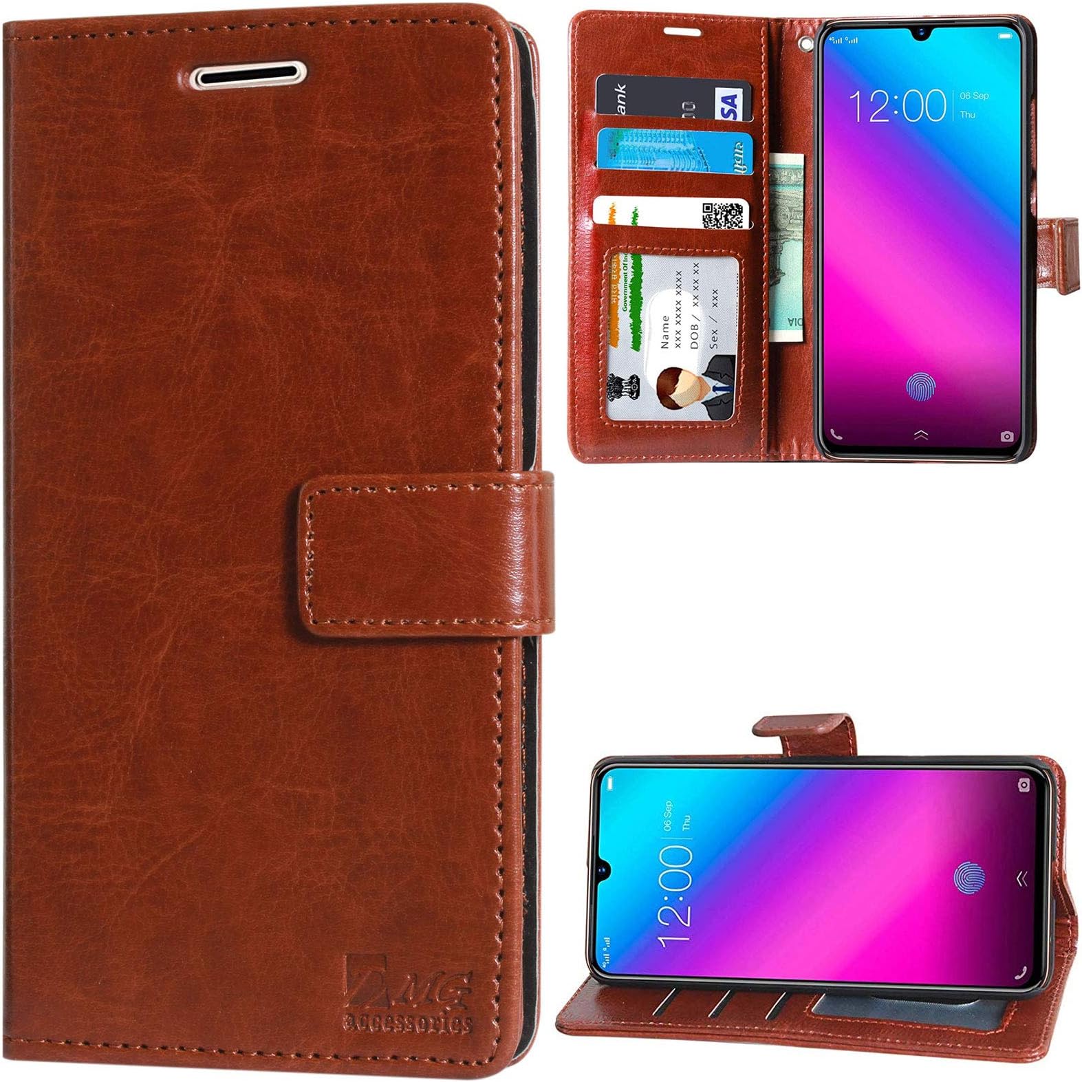 DMG Leather Flip Cover for VIVO V11 Pro, Premium Wallet Flip Cover Stand Case for VIVO V11 Pro (ID Brown)