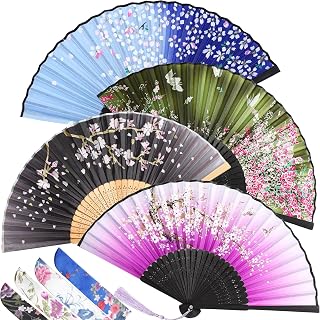 Zonon 4 Pack Handheld Floral Folding Fans Hand Held Silk Bamboo Fans with Tassel Women Hollowed Hand Foldable Fan with Fabric Sleeve for Dancing Wedding Decoration Gifts(Elegant)
