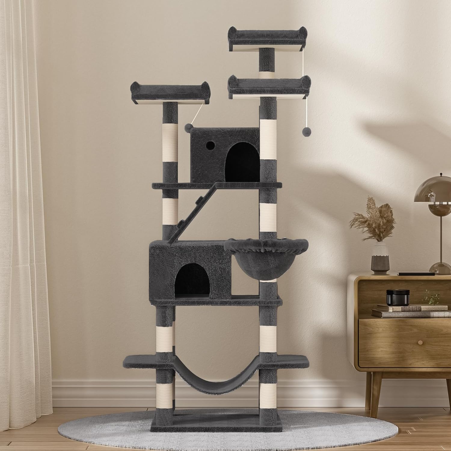75" Large Cat Tree, Big Cat Tower for Indoor Cats, Tall Cat Tree with 3 Cushioned Perches, Sisal Scratching Posts, Cozy Basket, 2 Cat Condos. Smoky Gray