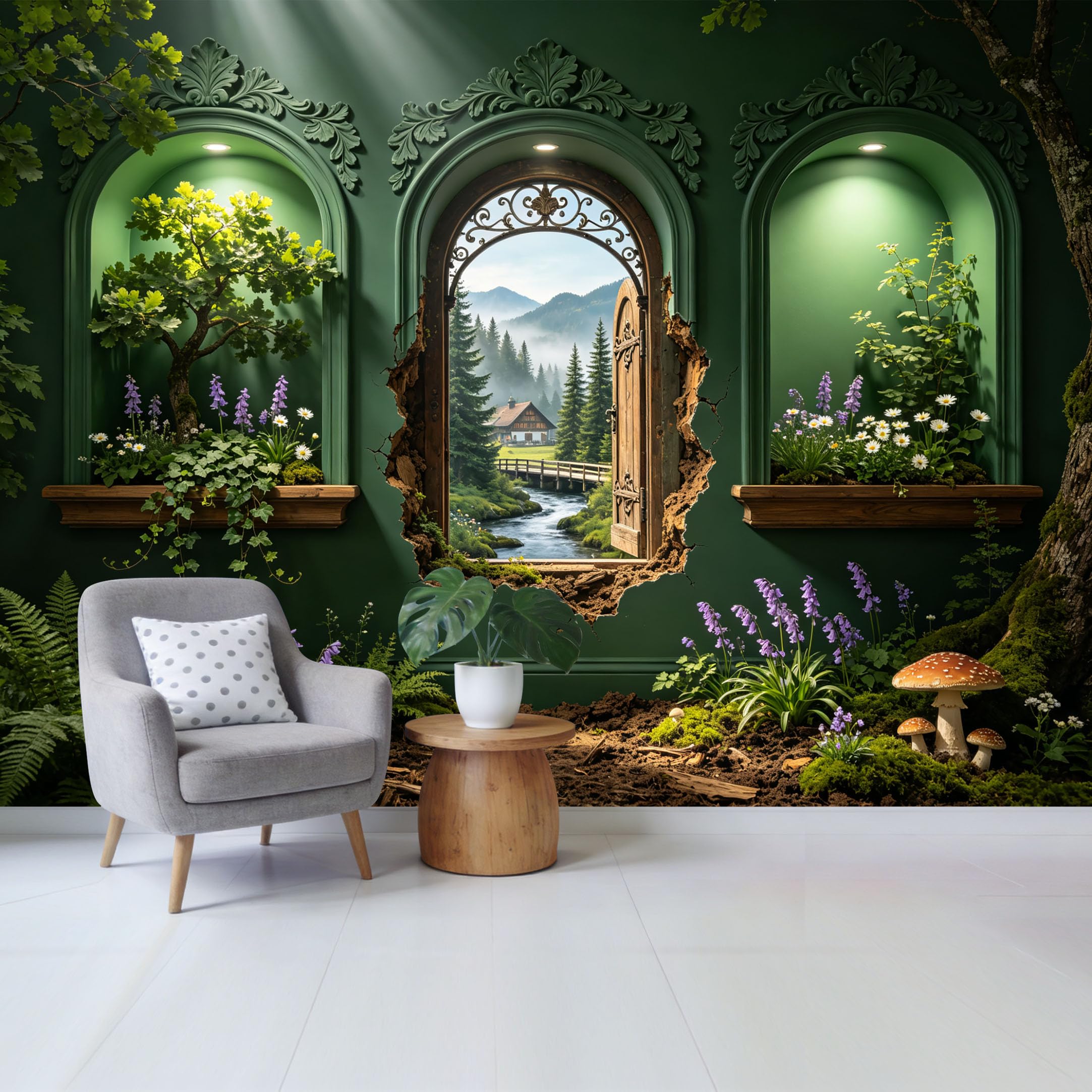 Custom Size Wall Mural Forest Mountain Lake View with Rustic Cottage and Flower Archway Removable Self Adhesive Fabric Home Wall Decor for Living Room Bedroom Bathroom