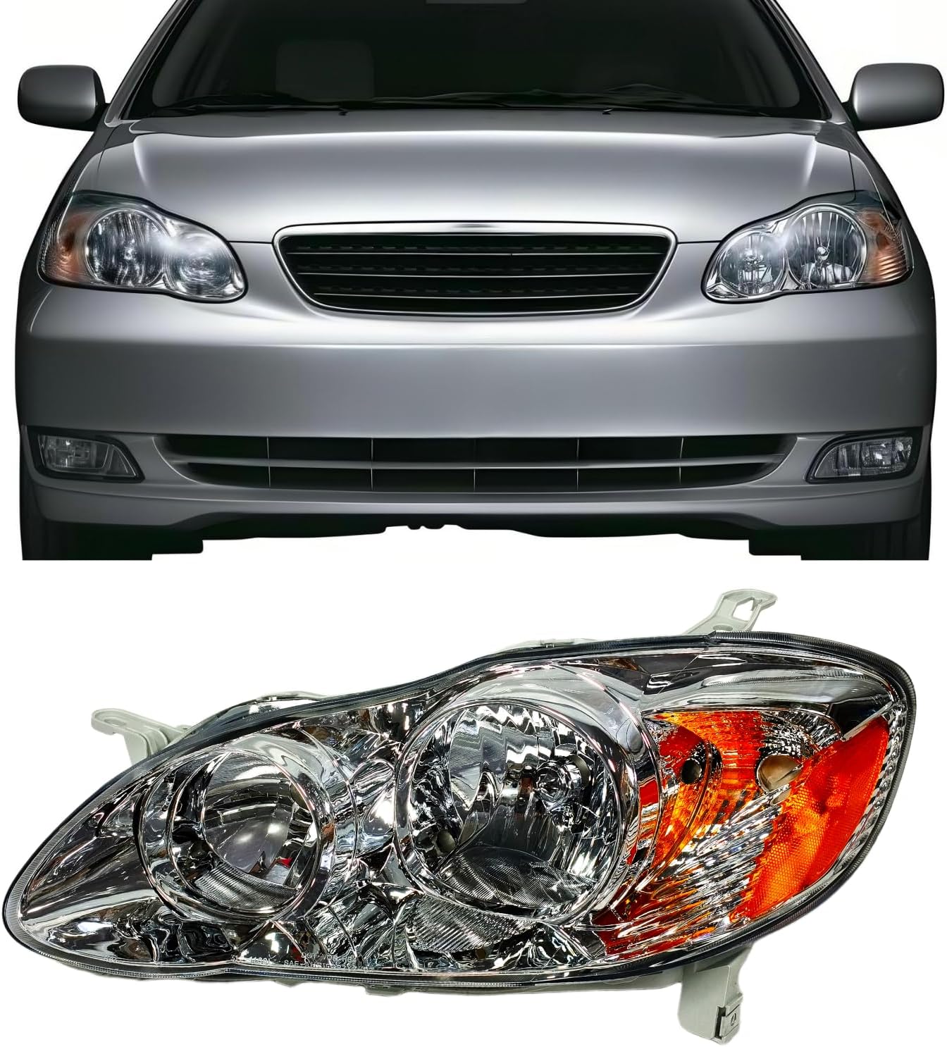 Headlights Fit for 2003-2008 Toyota Corolla Headlamp Replacement Clear Lens Chrome Housing Amber Reflector Left Driver LH 81150-02350 AM-CR03A01CL