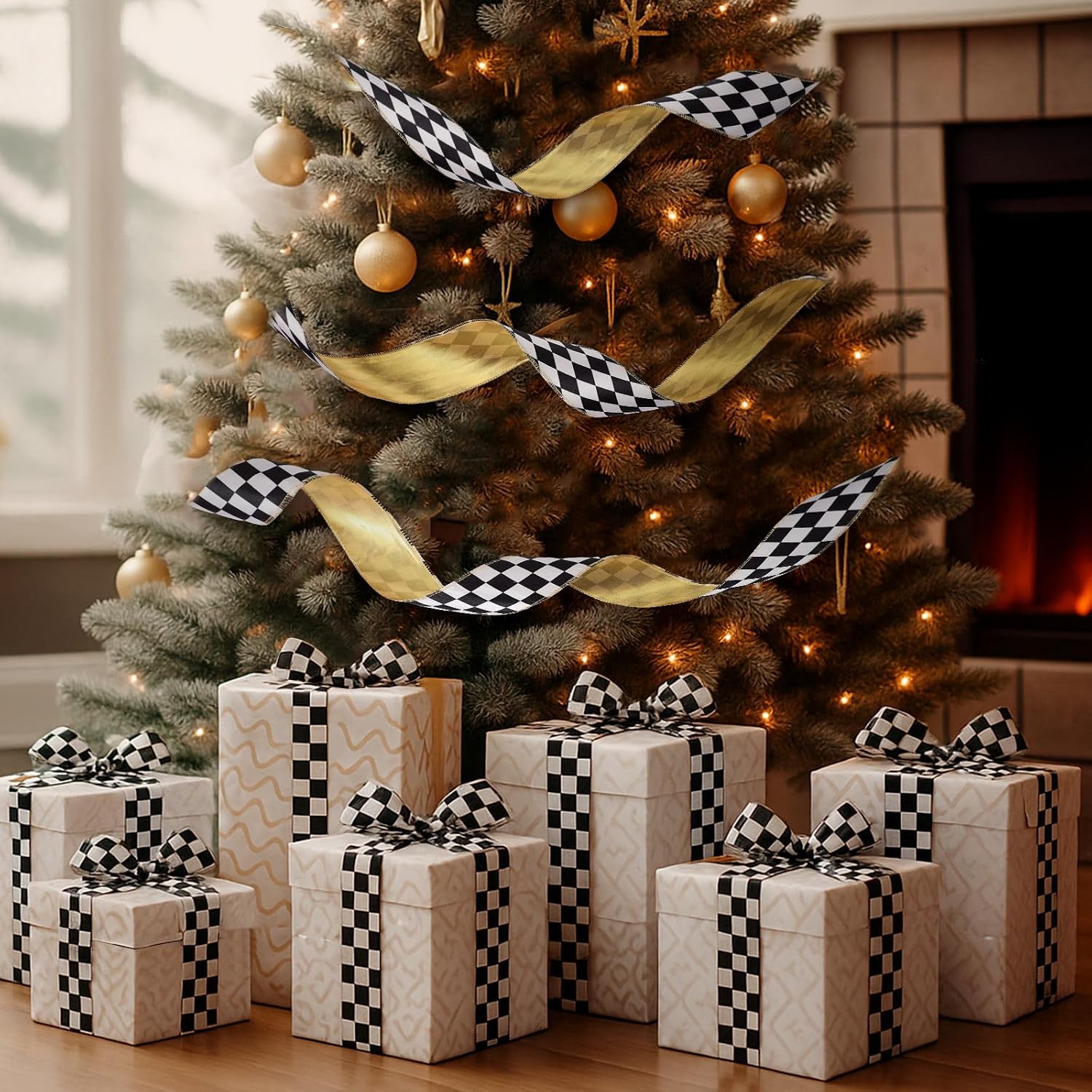 Suncalla 2 Rolls Christmas Wired Ribbon 2.76"x10yd Black White Diamond Grid