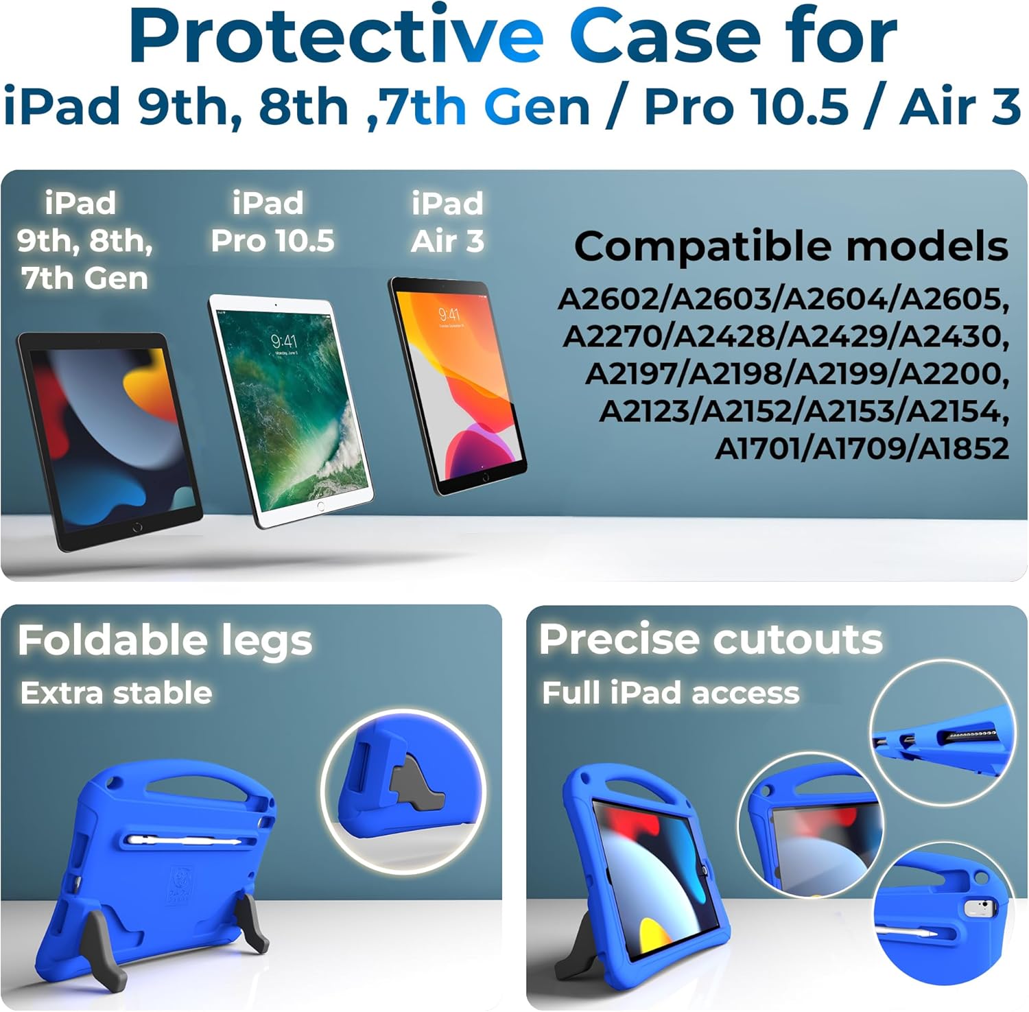 Bam Bino Space Suit Kids Case for iPad Pro 12.9" 3rd/4th/5th/6th Generation (2018-2022) Models [Not for iPad Pro 12.9 1st/2nd Gen] Screen Guard, Handle, Shoulder Strap, Pencil Holder (Galactic Blue)