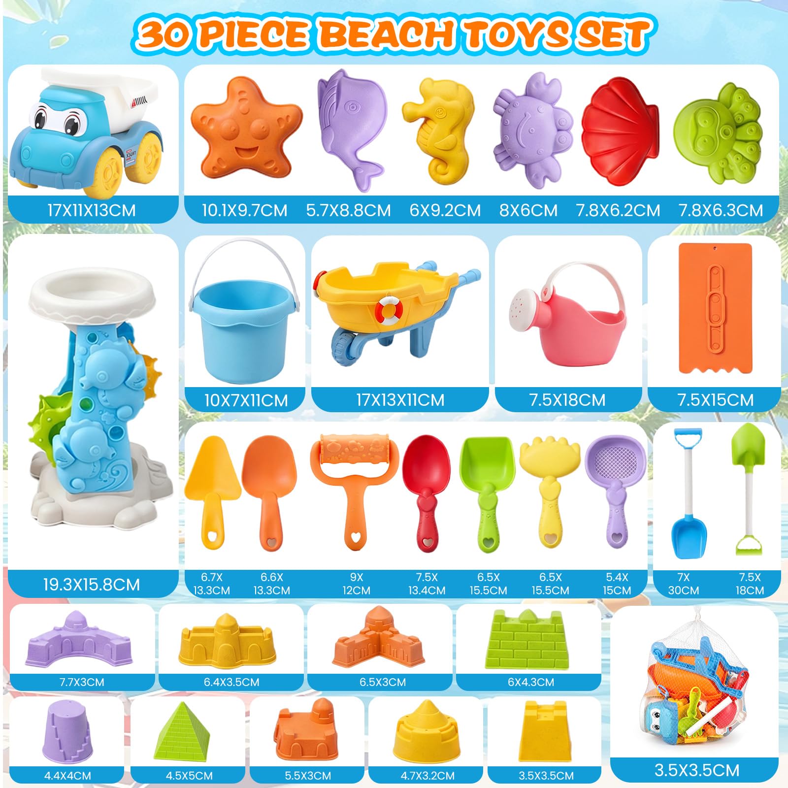 Sandspielzeug, 30 Pcs Sandkasten Spielzeug, Sandspielzeug ab 1 2 3 4 5 6 7 Jahr, Strandspielzeug Kinder Mädchen Jungen, Strand Sandspielzeug Set Sandschaufel, Wassereimer, Sandformen, Netzbeutel